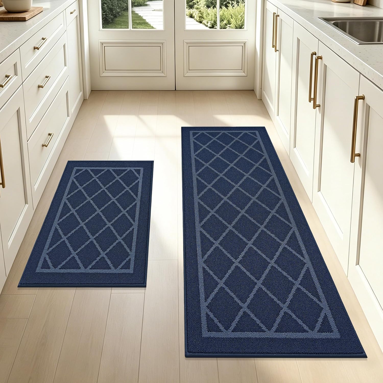 BEQHAUSE Kitchen Rugs Non Slip Washable Set of 2,Navy Blue, 20x30+20x48in | Stain Resistant Kitchen Mats For Floor,Durable Kitchen Mat,Low Pile Rugs For Kitchen,Kitchen Runner Rug For Sink And Stove