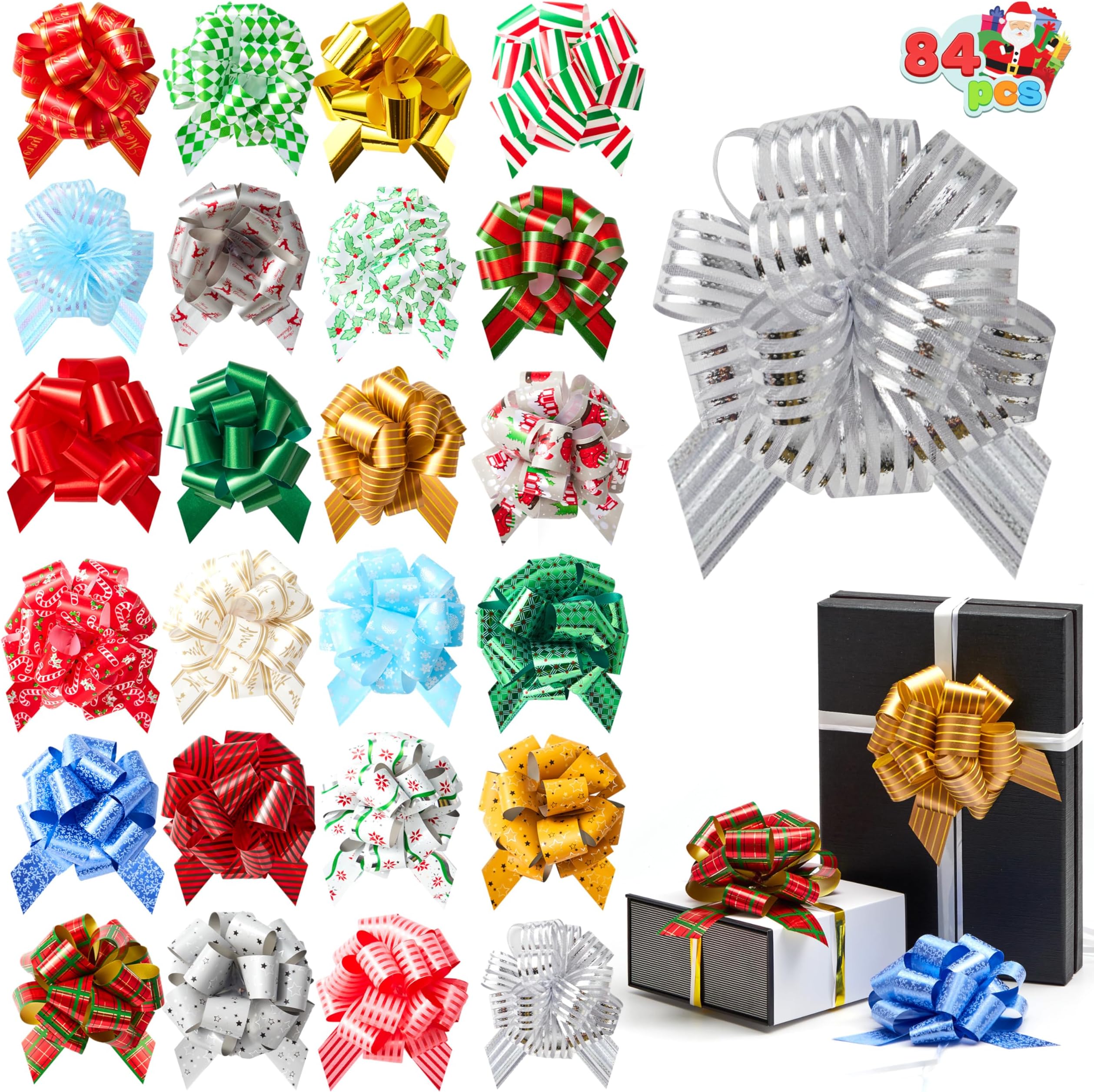 JOYIN 84 PCS Christmas Pull Bows with Ribbon 5” Wide for Gift Wrapping & Gift Tags, Boxing Day Decorations, Holiday Decor Present Wrapping