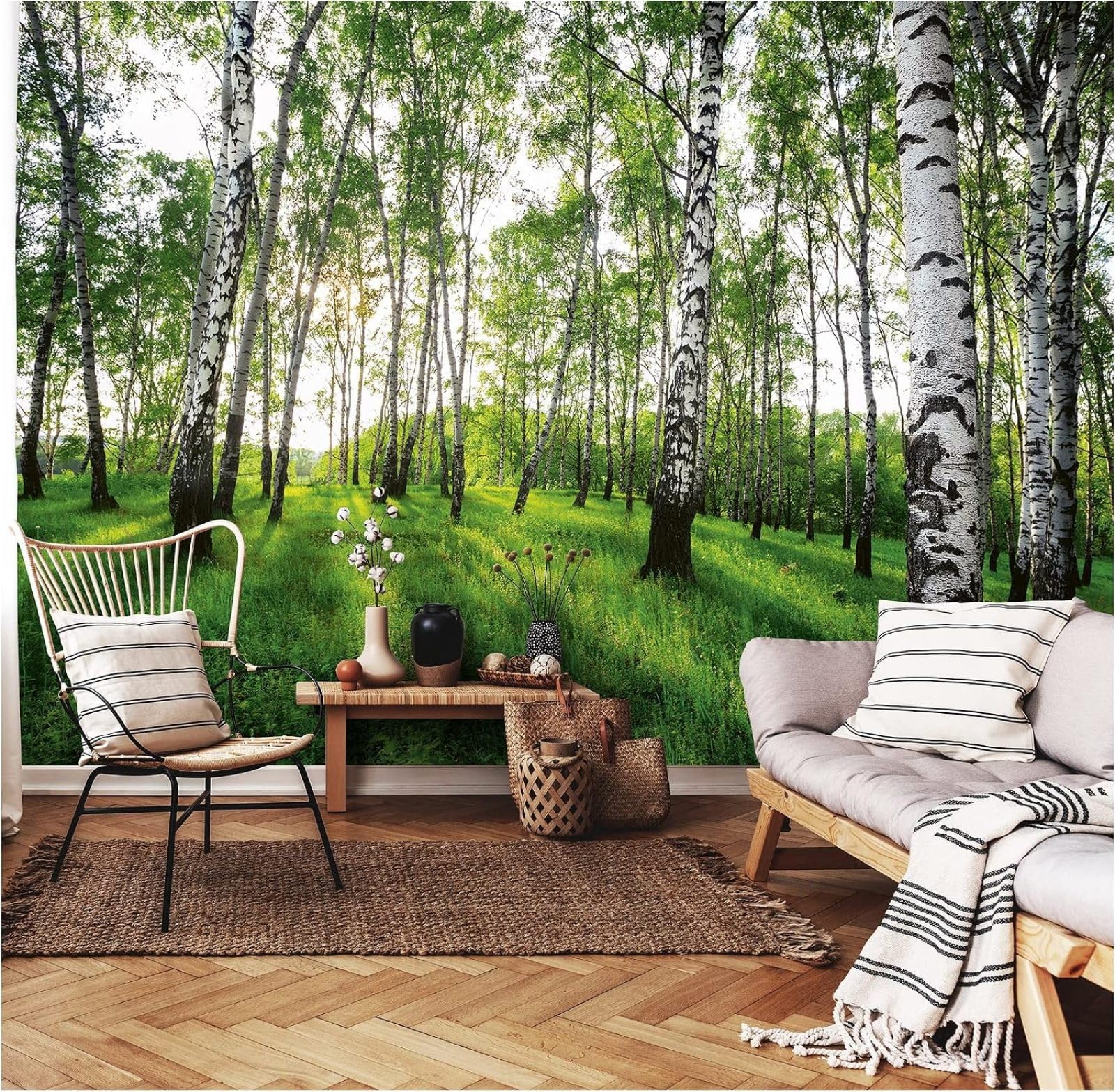 Kfjhgbdshhj 3D Mural Photo Mural-Wallpaper Birch Forest Forest Sun Trees Meadow Grasses Living Room Bedroom Motif,430Cmx300cm Poster - Wall Sticker - Frameless Picture