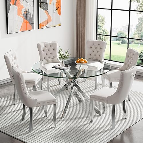 Miniatura 70 de Juego de 4 mesas de comedor redondas de vidrio para 4, juego de mesa de cocina pequeña para 4, mesa redonda de vidrio de 35 pulgadas, juego de 4 4