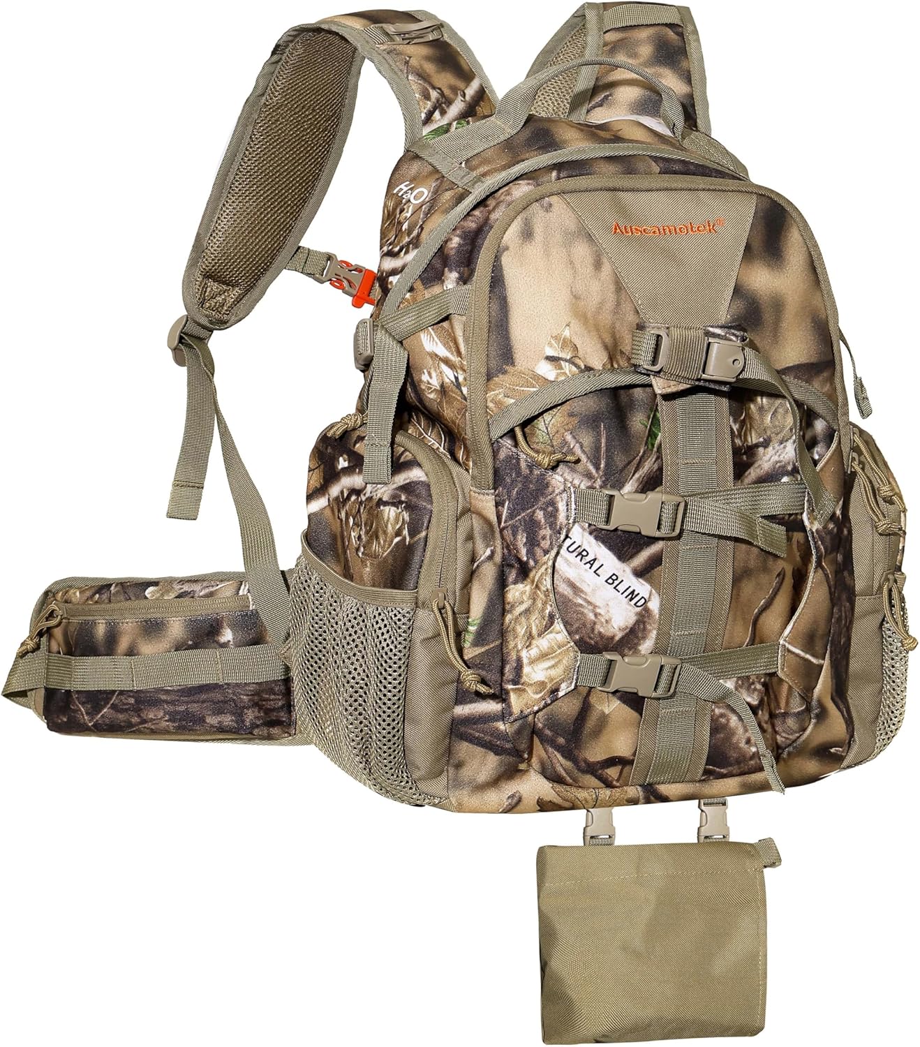 AUSCAMOTEK 30L Hunting Backpack with Tucked-Away Shotgun Sling and Waterproof Blaze Orange Cover, Water-Resistant Woodland Camo Gear Bag for Outdoor Activities