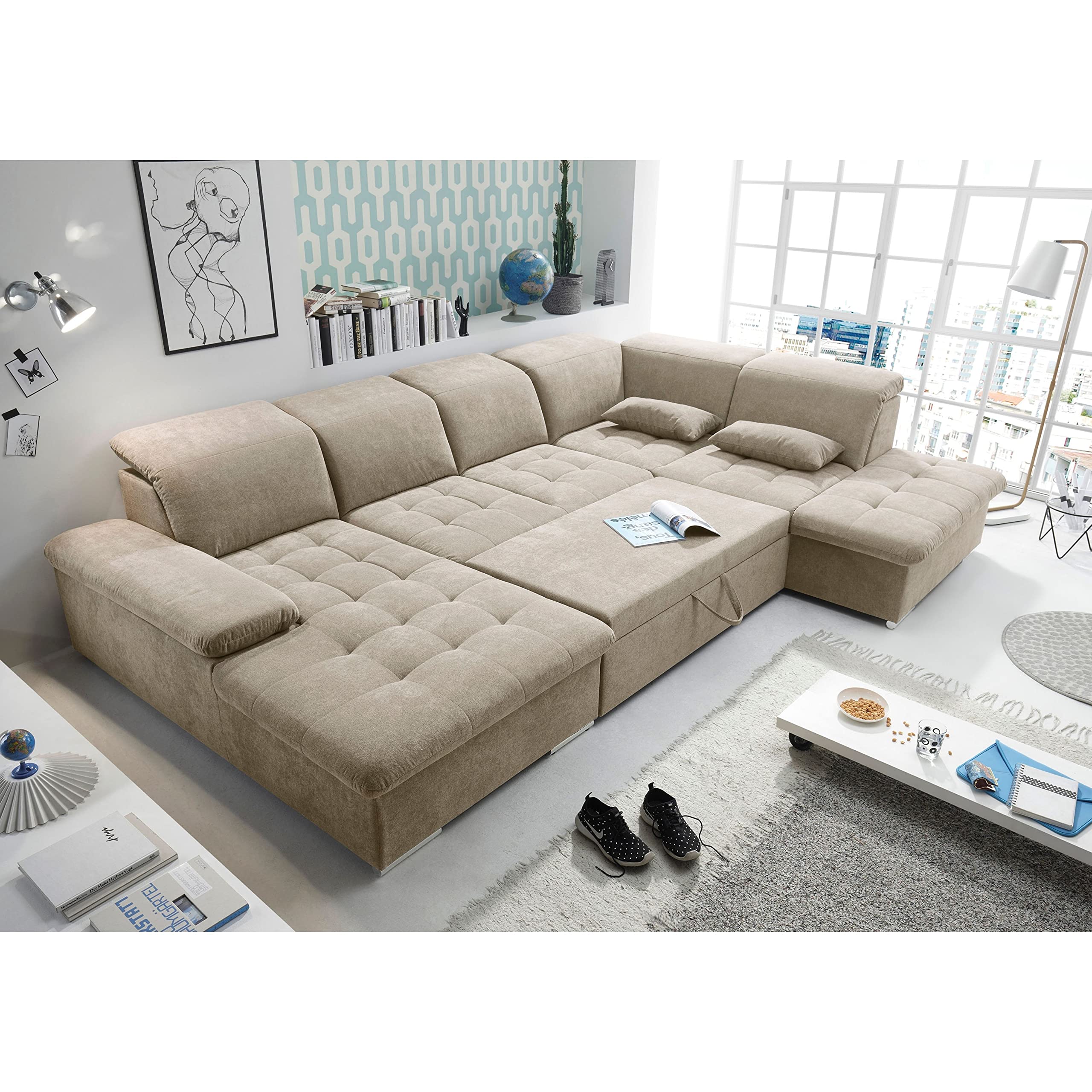 Stella Trading WAYNE Wohnlandschaft in U-Form, Stoffbezug Sand - Ausziehbares Sofa mit Schlaffunktion & Bettkasten - 340 x 81 (104) x 188 (240) cm (B/H/T)