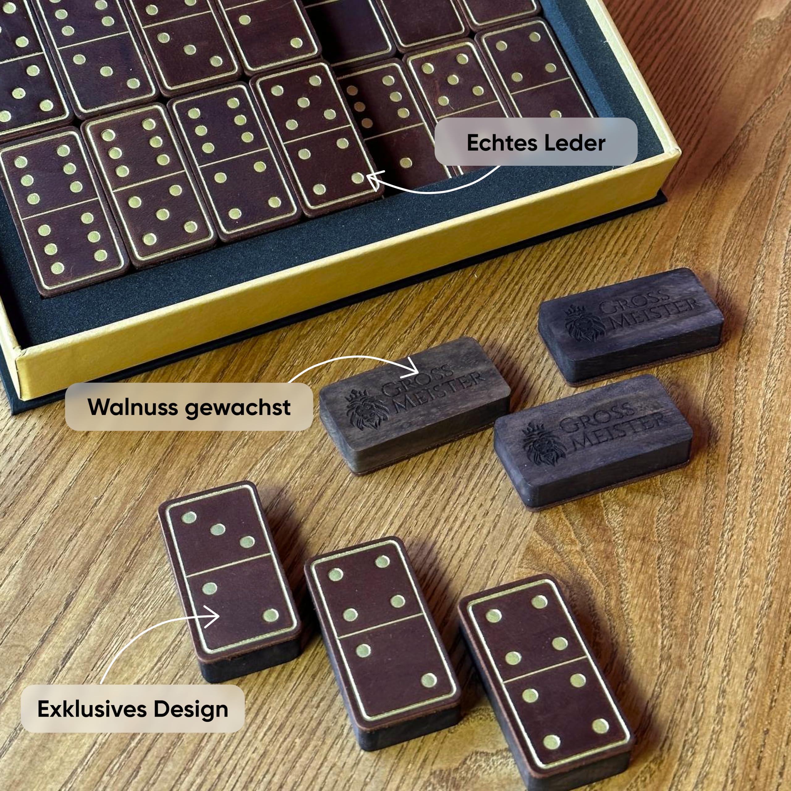 Premium Domino-Set Dunkelbraun – Handgefertigte Dominosteine aus Karbolt-Holz & Echtleder, luxuriöses Gesellschaftsspiel in edler Geschenkbox