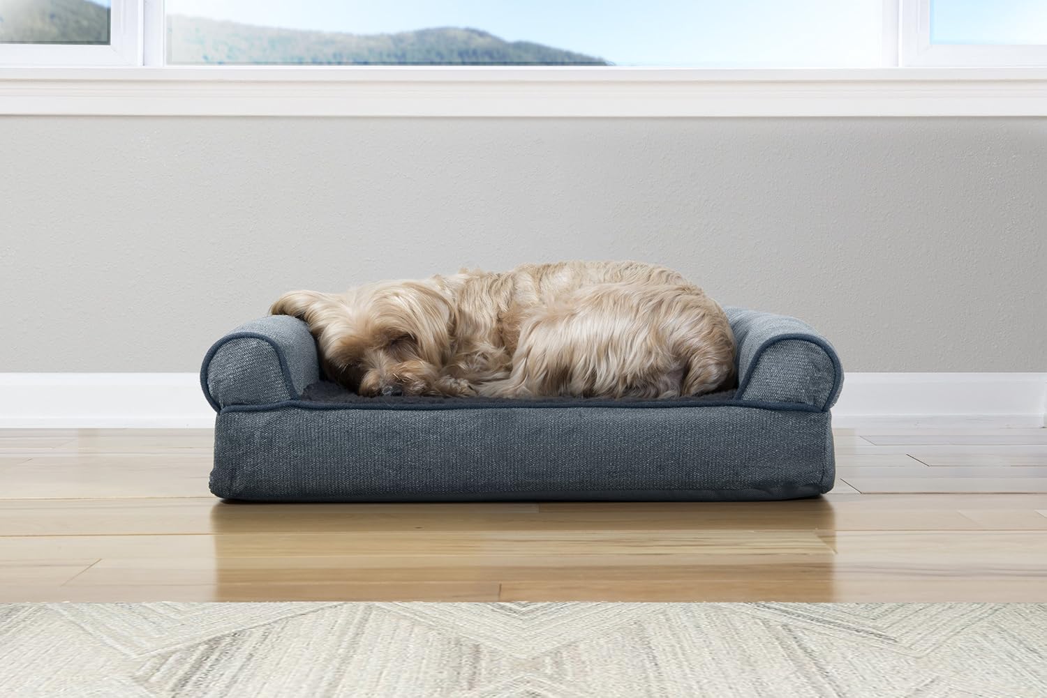 Furhaven Sherpa & Chenille Sofa-Style Egg Crate Orthopedic Foam Dog Bed - Orion Blue, Small