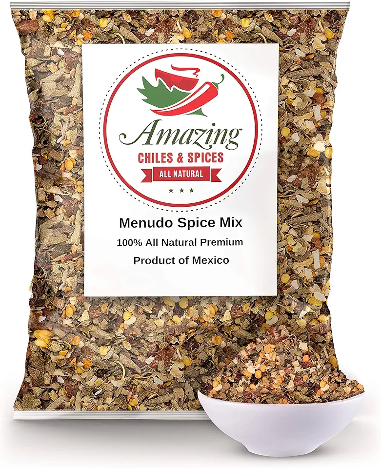 Menudo Spice Mix Seasoning 5oz. Delicious Blend of Onions, Garlic, Oregano, Dried Chiles and Spices. Make Authentic Mexican Menudo. Air Tight Resealable Bag. By Amazing Chiles &amp; Spices.