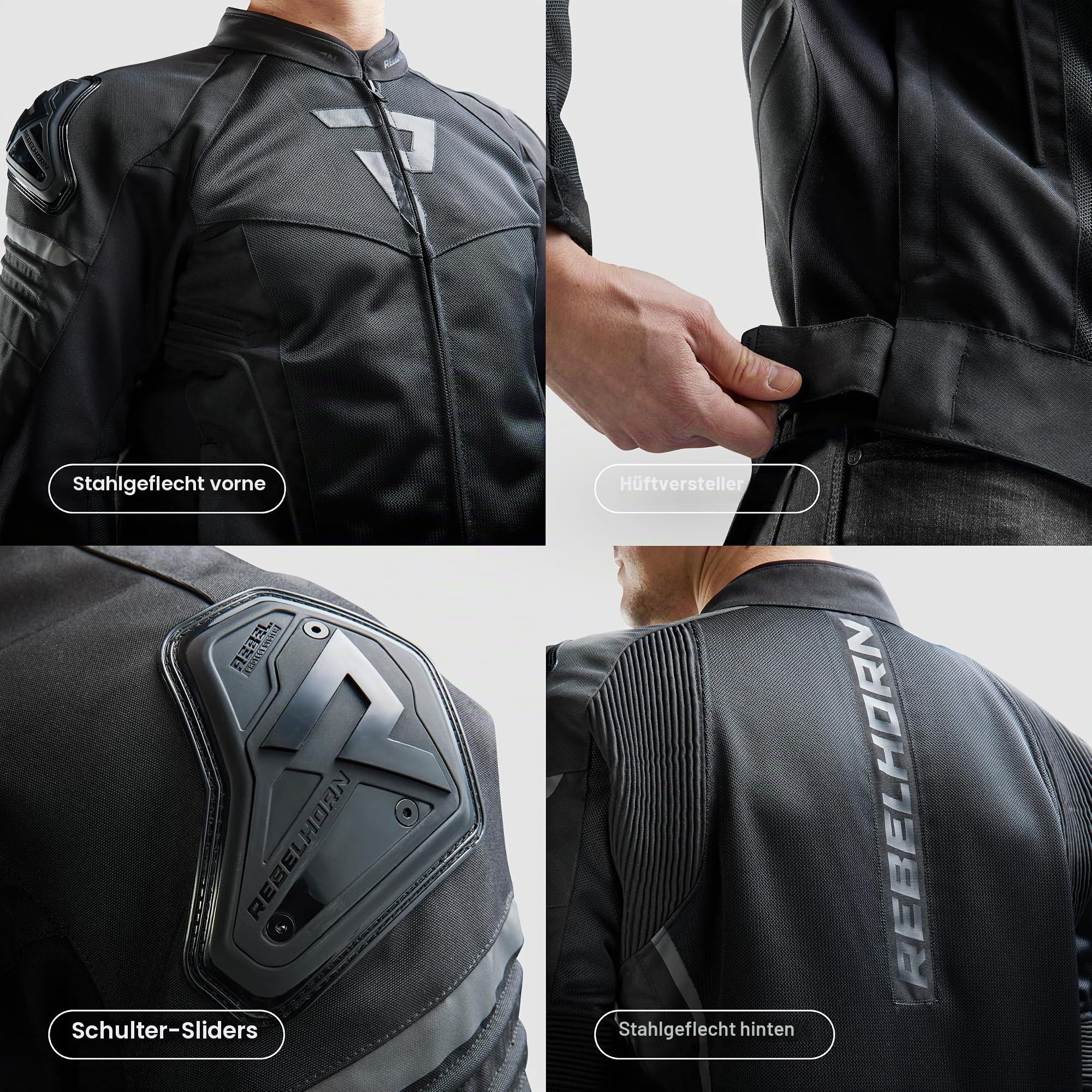 REBELHORN Vandal Mesh Motorradjacke Herren | Textil | Ellbogen und Schulterprotektoren Stufe 2 | Austauschbar Schulterschieber | Große Mesh Belüftungspaneele | Größen bis 10XL