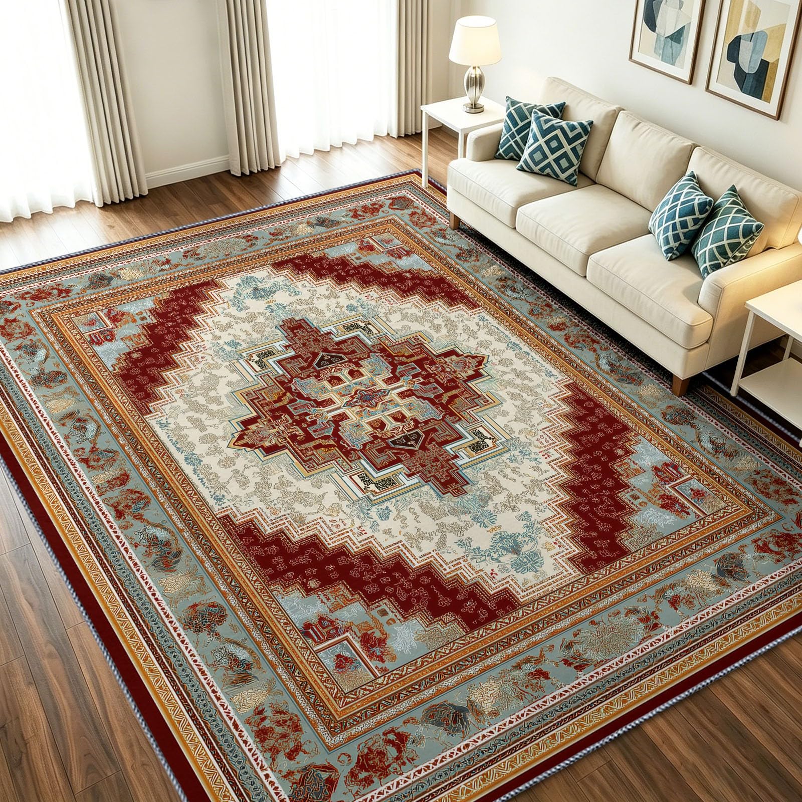 Dywan do salonu, sypialni, 160 x 230 cm chiński orientalny, można prać w pralce antypoślizgowy krótki włos - geometryczny wzór do jadalni, przedpokoju