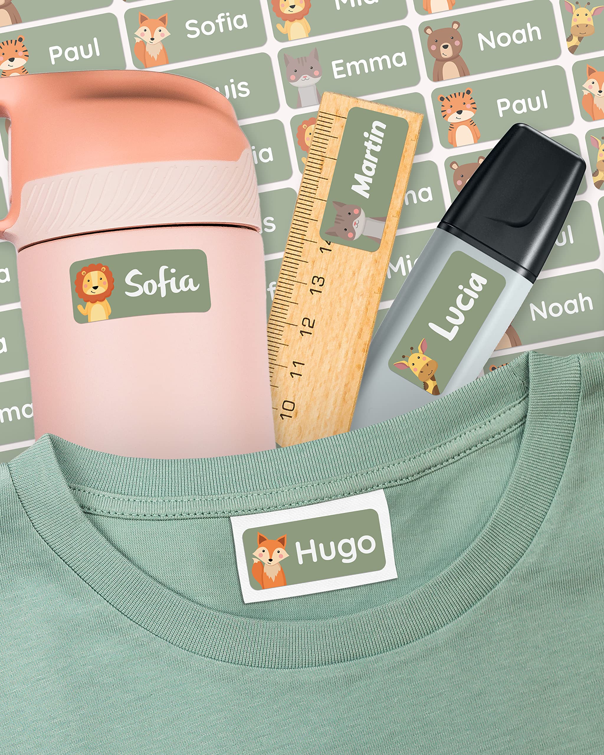 melu kids® Etiquetas para Ropa Personalizadas (50 piezas, verde) - No es necesario planchar, pegatinas personalizadas para pegar y lavables a máquina (lavadora y lavavajilas)