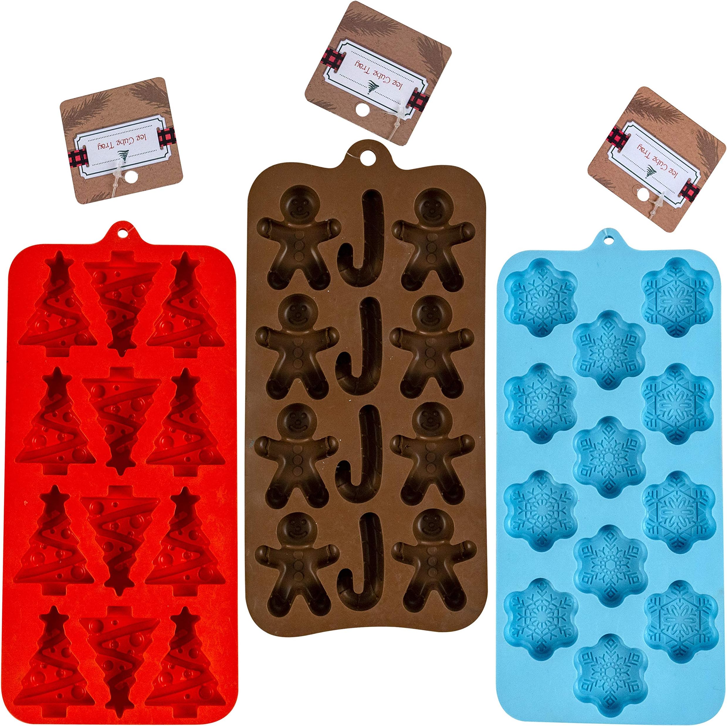 Regent Holiday Silicone Ice Cube Tray, Candy Molds in 3 assorted trays RED -Christmas Tree shapes Powder Blue-Snowflake shapes, Dark Brown-Gingerbread Man Candy cane shapes