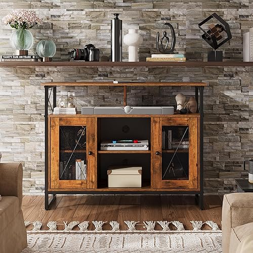 Miniatura 8 de WLIVE Soporte para TV de 43 Pulgadas, Pequeño Centro de Entretenimiento con Gabinete de Almacenamiento y Estantes Ajustables, Soporte de TV Marrón