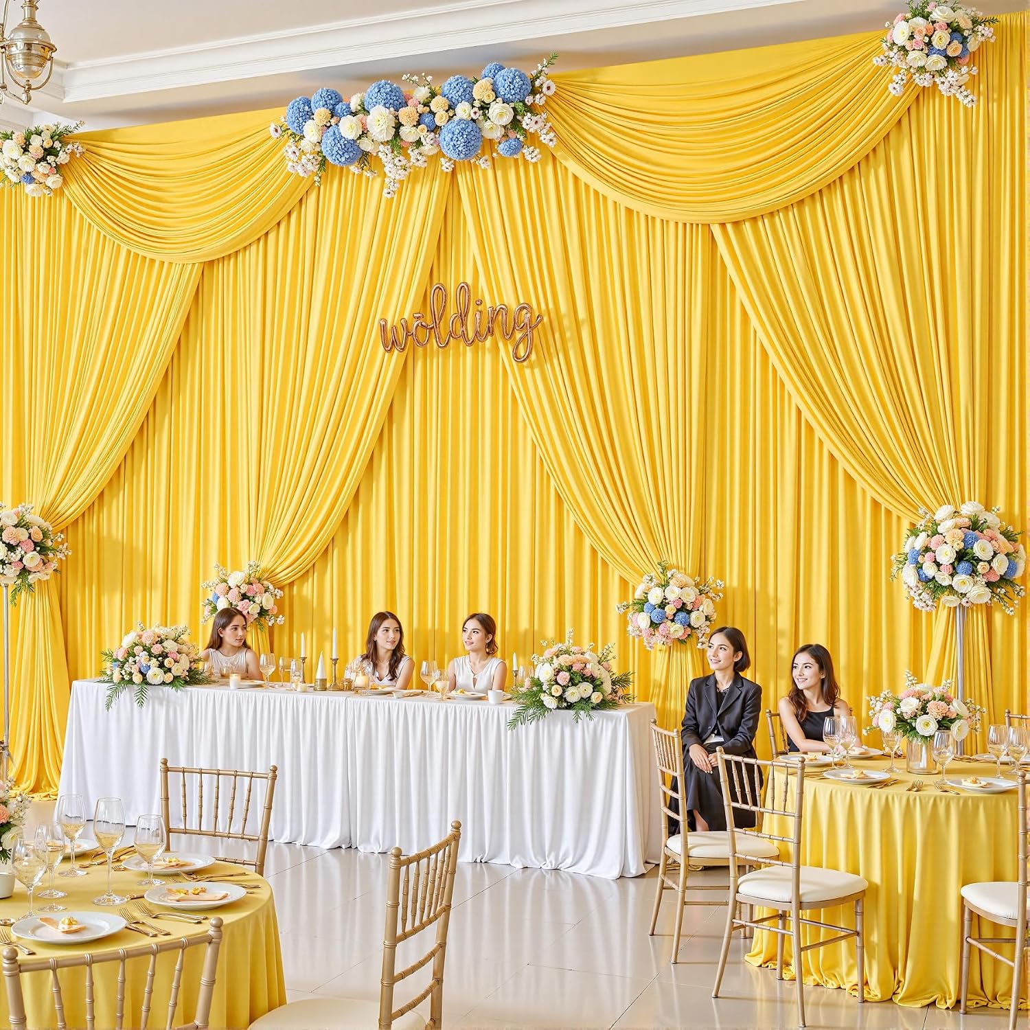 4 Panels Yellow Backdrop Curtains - Wrinkle Free Fabric Backdrop Curtain for Photoshoot, 10FT Wedding Party Photo Backdrop Drapes for Birthday Baby Shower Photography Stage Background Decorations