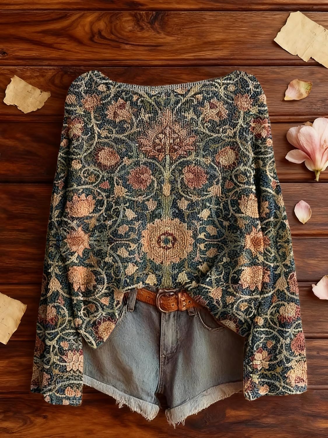 Women's Oversized Boho Floral Print Long Sleeve Tops Lightweight Fall Casual Vintage Graphic Tunic Sweaters - Image 2