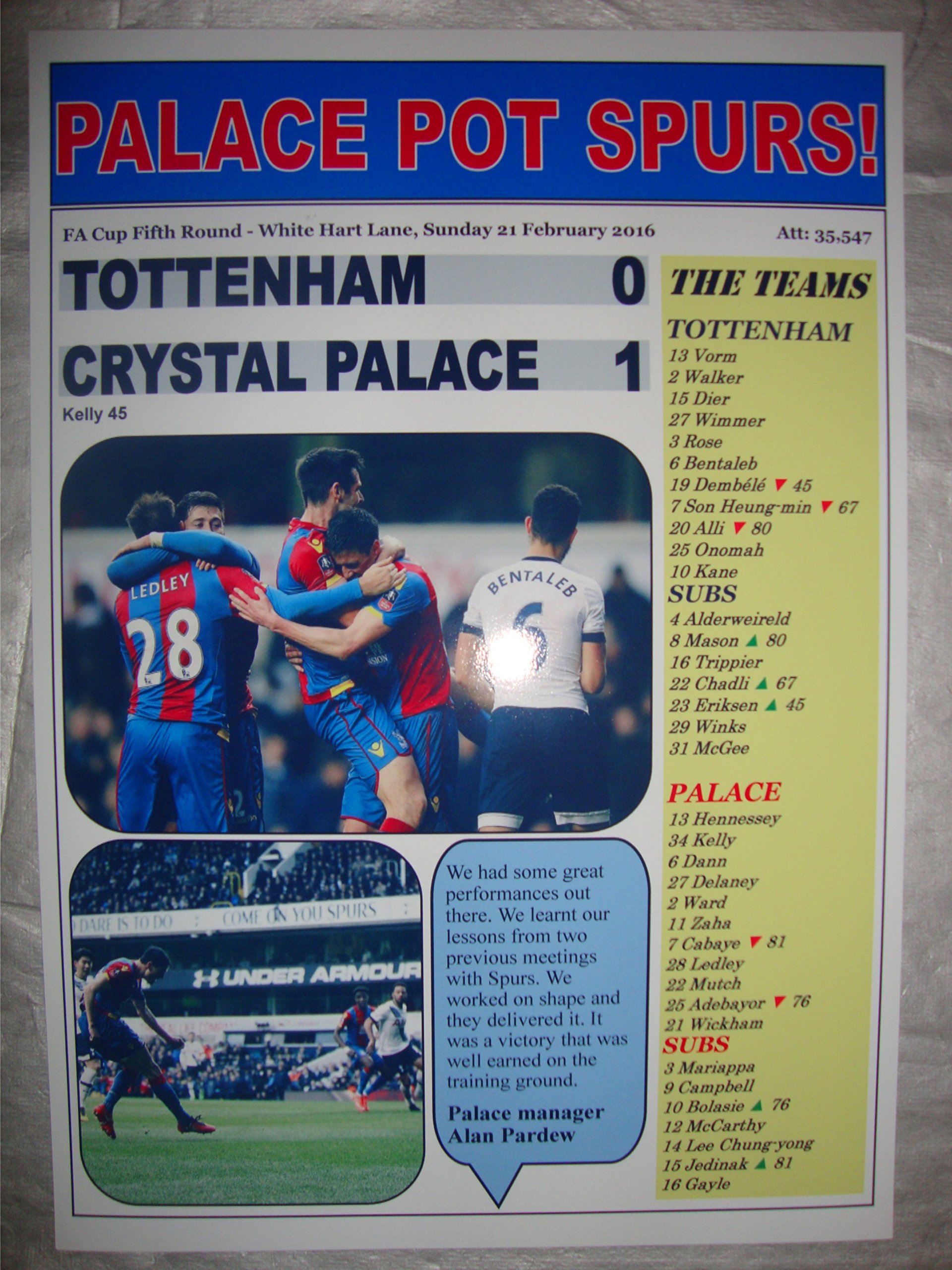 Lilywhite Multimedia Tottenham Hotspur 0 Crystal Palace 1 - 2016 Fa Cup - Souvenir Print