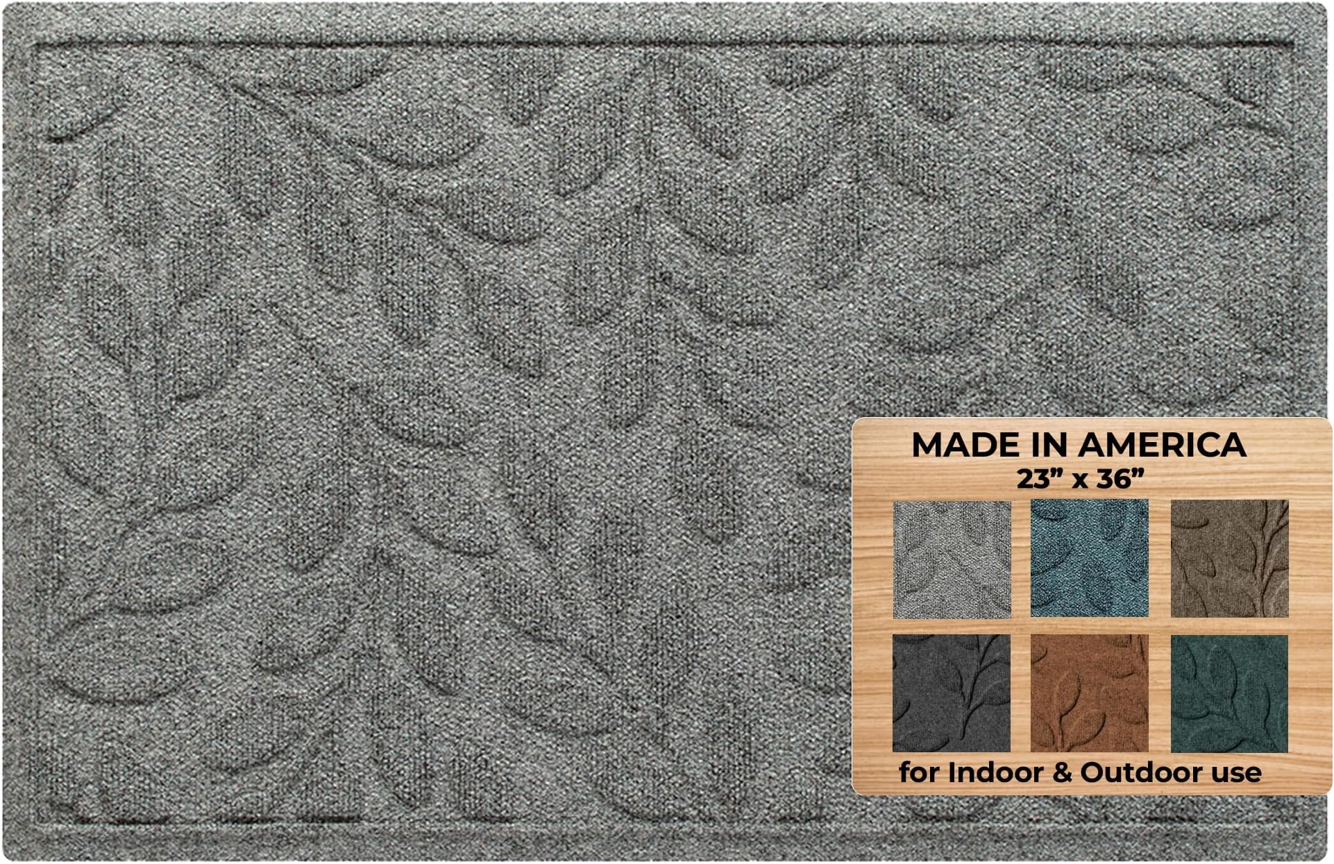 Bungalow Flooring Waterhog Door Mat, 2' x 3', Made in USA, Durable and Decorative Floor Covering, Skid Resistant, Indoor/Outdoor, Water-Trapping, Brittney Leaf Design, Medium Grey.