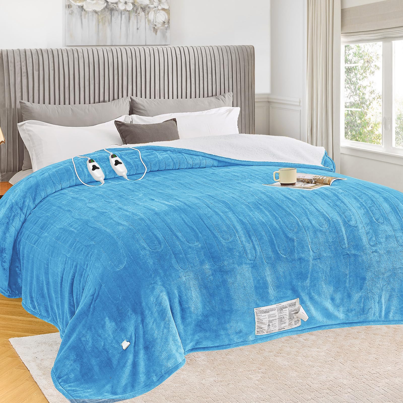 greenoak Heated Blanket Electric King Size 100"X90" Dual Control, Heating Blankets with 10 Levels 8 Hours Auto-Off Overheat Protection, Soft Sherpa Fluffy House Warming Gift, ETL Certified Pale Blue