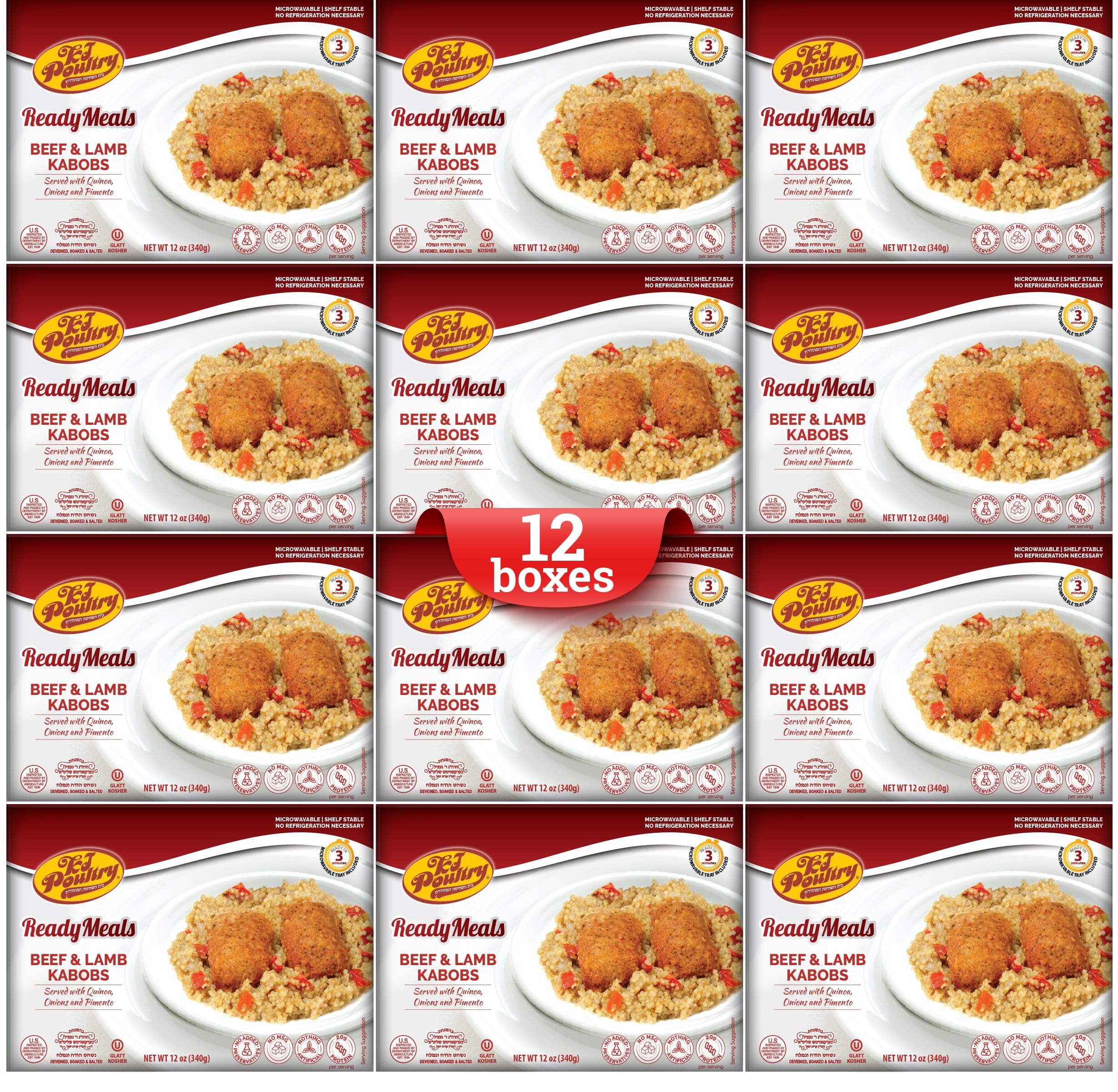 KJ Poultry Kosher Ready Meals - Beef Lamb Kabob & Quinoa, MRE Meat Meals Ready to Eat (12 Pack) Prepared Entree Fully Cooked, Shelf Stable Microwave