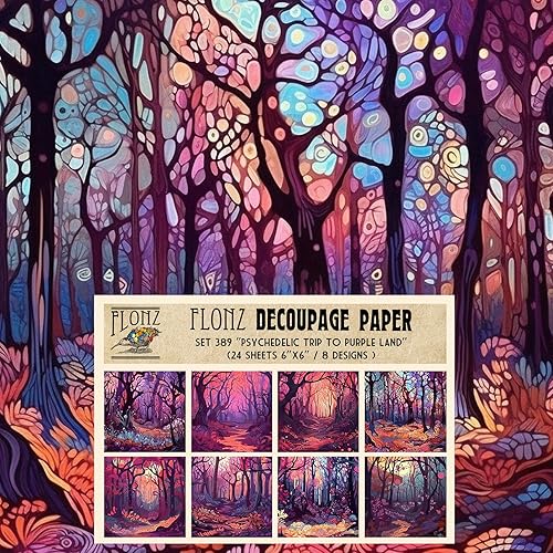 Decoupage - Paquete de papel (24 hojas de 6 x 6 pulgadas) Psychedelic Trip to a Purpleland # Papel de patrón de estilo vintage para decoupage,