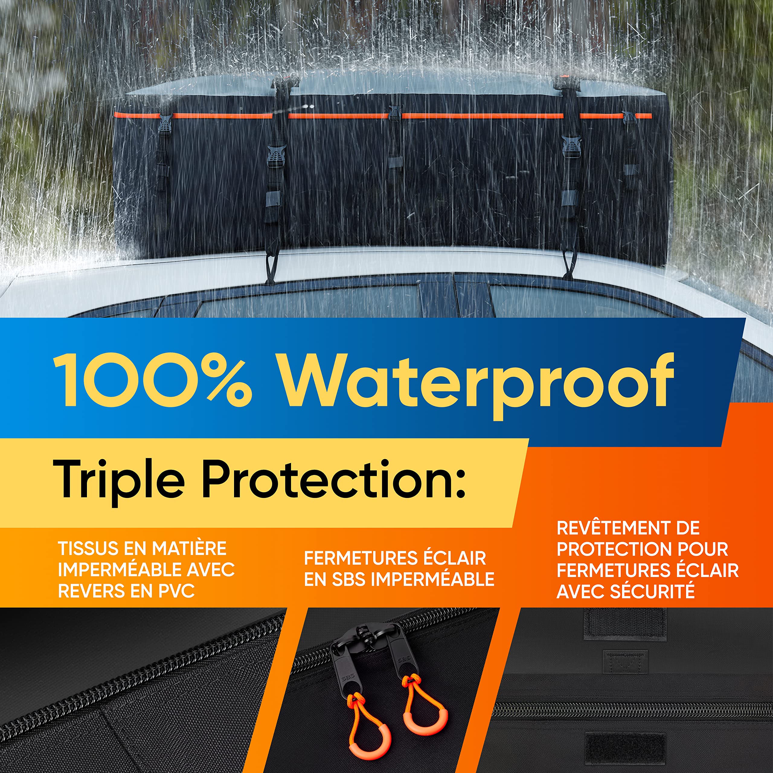 Coffre de Toit Souple 650L – Sac de Toit Voiture 100% Imperméable en PVC 840D – Installation avec ou sans Barres de Toit – Inclus Tapis de Protection & 4 Crochets