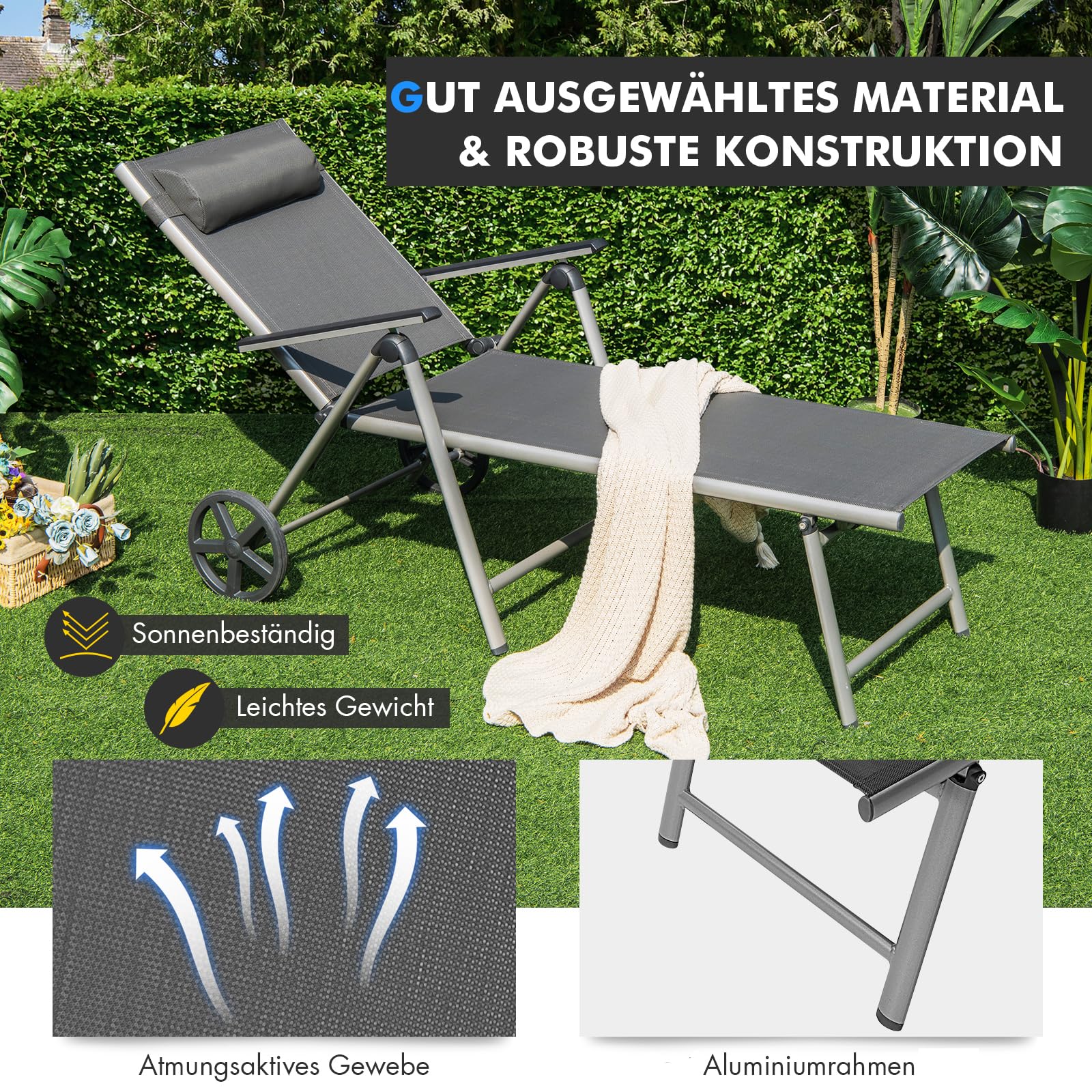 COSTWAY Sonnenliege Aluminium mit Rollen, klappbare Gartenliege mit hoher Sitzhöhe, Kopfkissen, Armlehnen & Verstellbarer Rückenlehne, Liegestuhl, Klappliege für Garten, Balkon, Terrasse