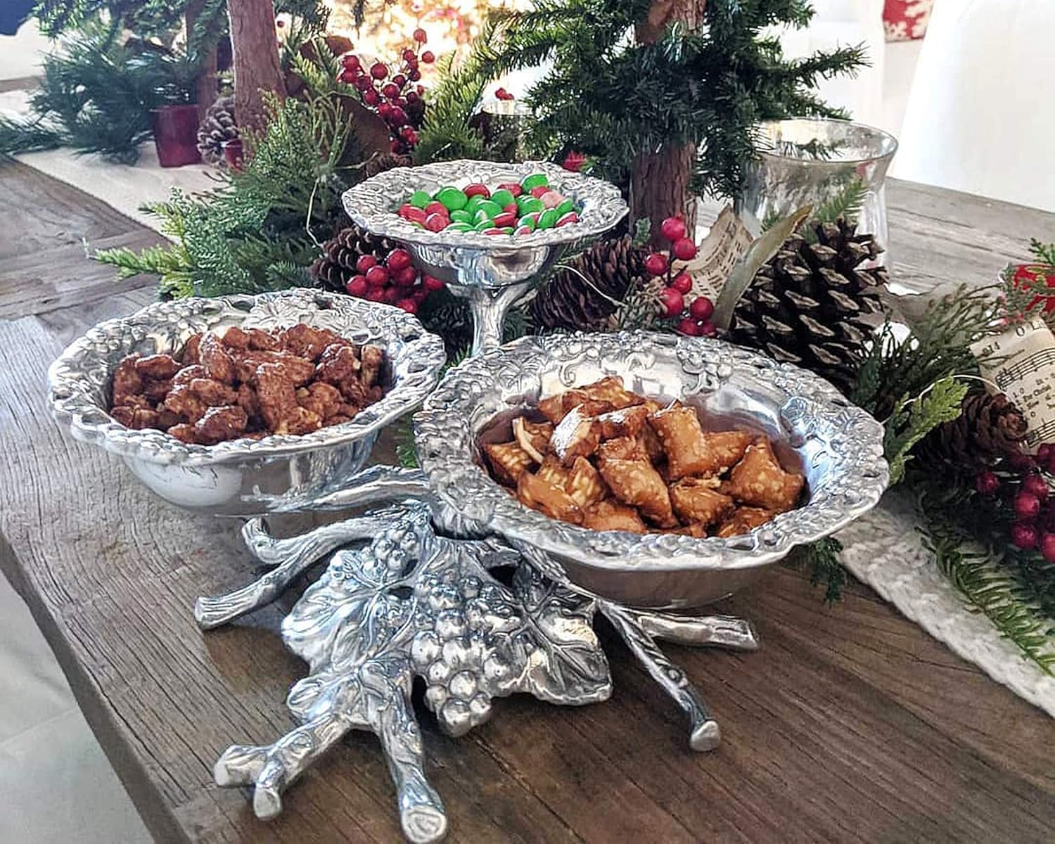 Onе-Dау Sаlе: Uр tо 60% оƒƒ Arthur Court Designs Aluminum Grape Tiered 3-Bowls Metal Serving for Dips Nuts Snacks Fruit 10 inch x 6.5 inch Tall