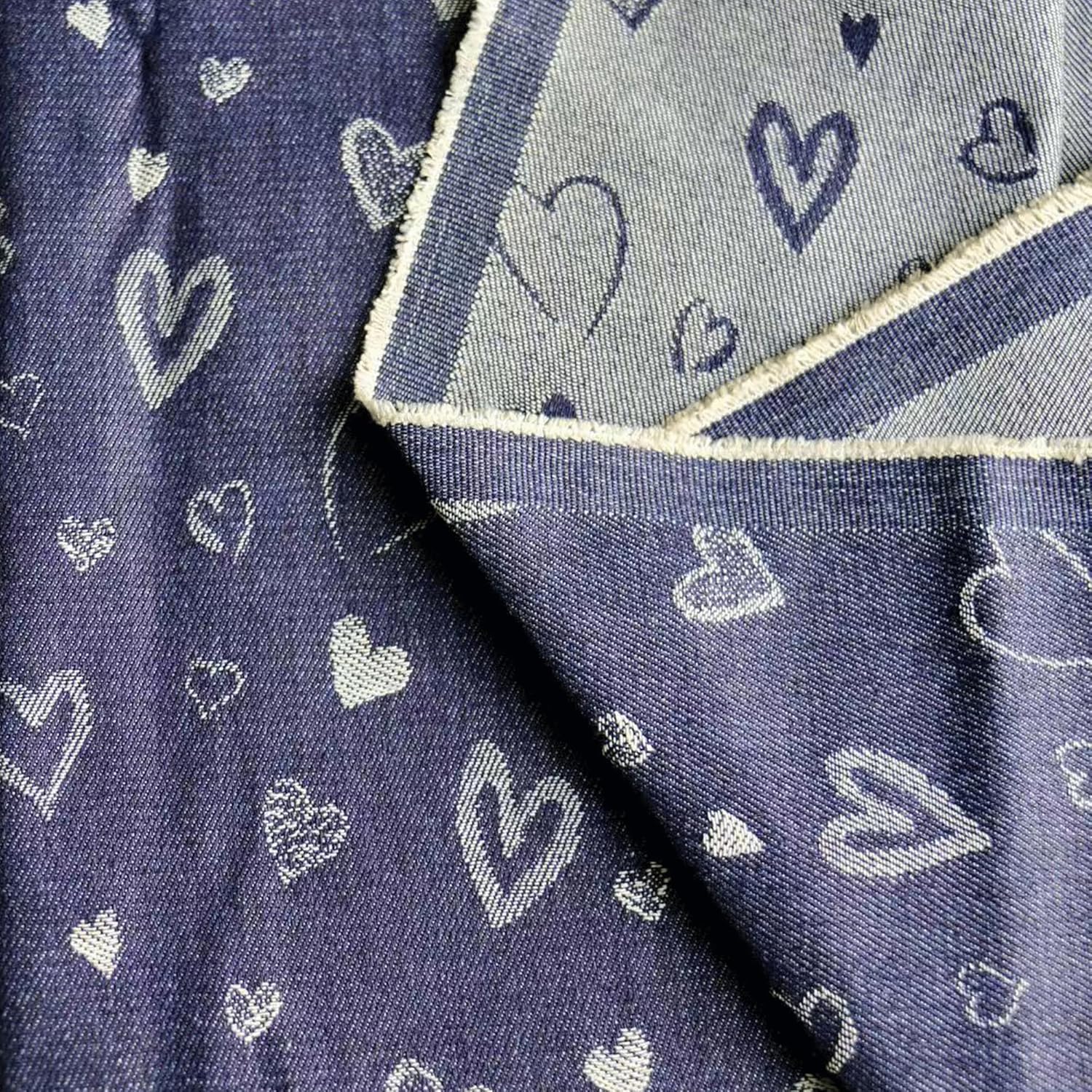Jacquard Denim Fabric, 10oz Non-Stretch Cotton, Heart Pattern, 75 inches Wide, Dark Blue (1 Yard Pre-Cut)
