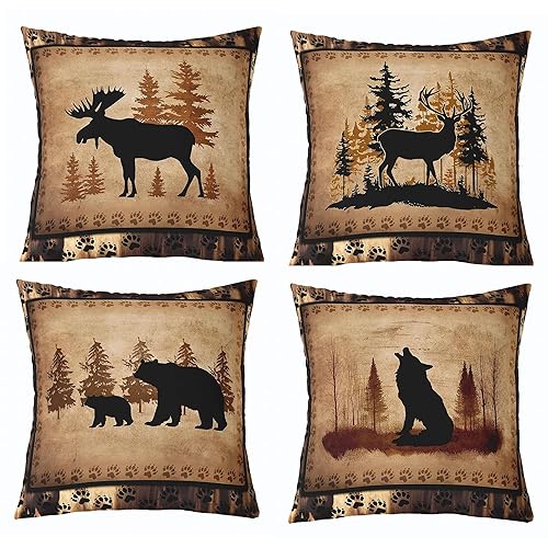 Set of 4 Vintage Bear Throw Pillow Covers,Cabin Deer Hunting