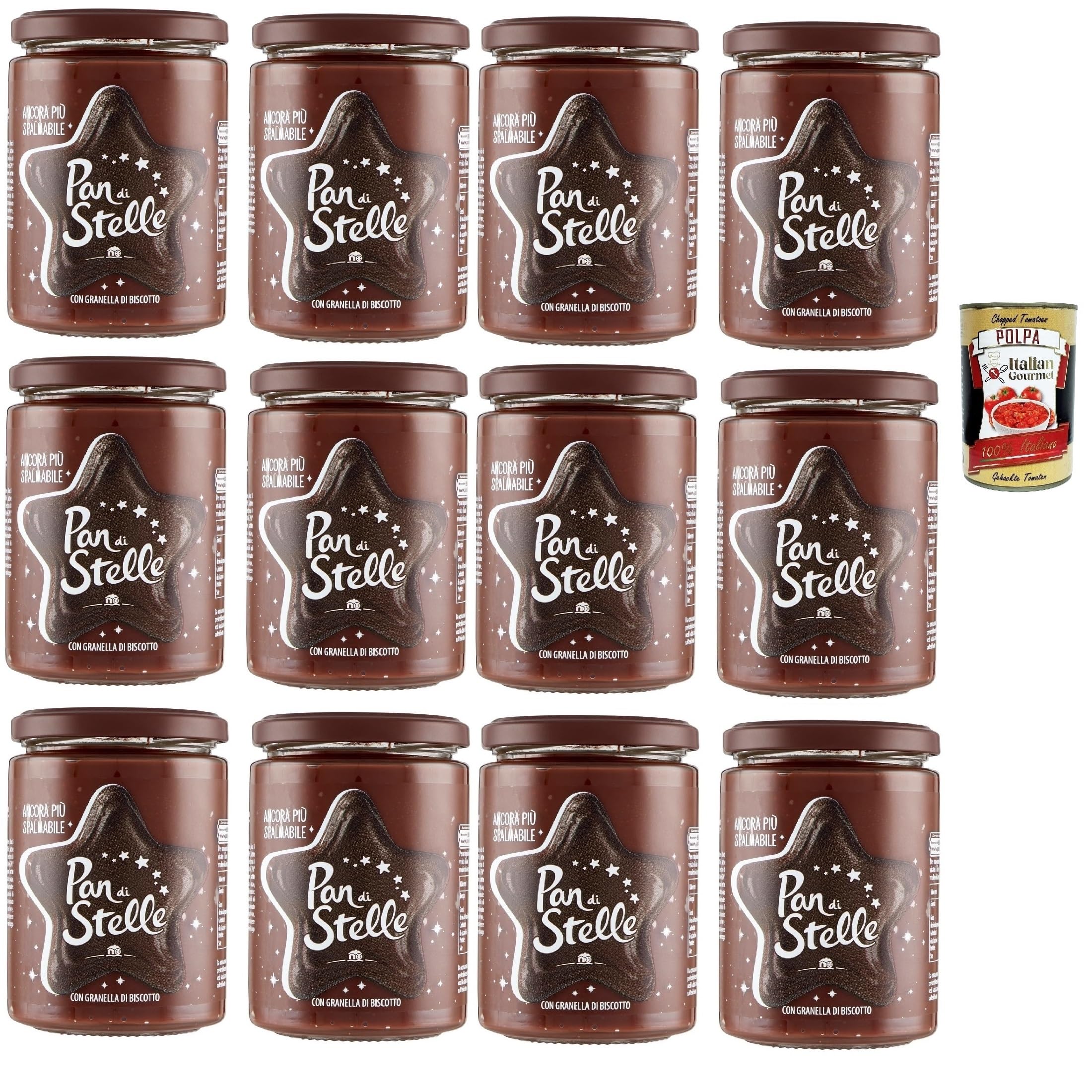 Italian Gourmet di Stelle crema cacao nocciola biscotto Keks 12 x 380g | Haselnuss-Kakao-Aufstrich mit knusprigem Granulat, senza olio di palma, Gesamtnettogewicht 4,56 kg + Kostenlos Polpa 400g