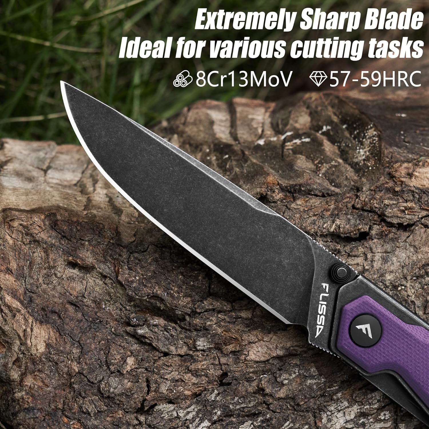 FLISSA Pocket Knife, Folding Knife with 3.2" 8Cr13MoV Blade, G10 Handle, Removable Pocket Clip, Lightweight for Camping, EDC, Hiking, Daily Use(Purple)