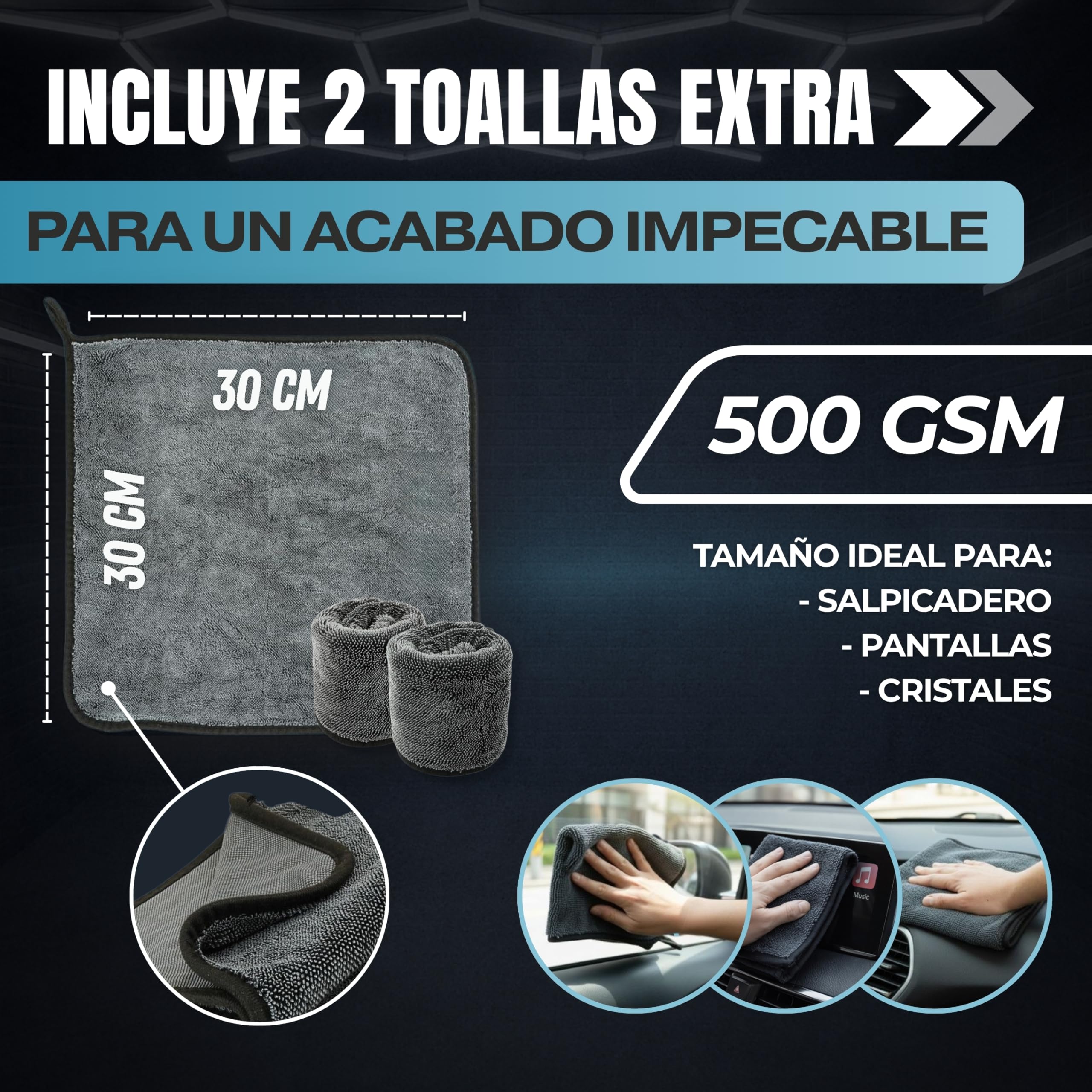 FENORA® Toalla Secado Coche 1200GSM (60×40cm) + 2 Paños Extra (30×30cm) + Bolsa Zip – Toalla Microfibra Coche Premium para Detailing Ultra Absorbente, No Raya — view 4