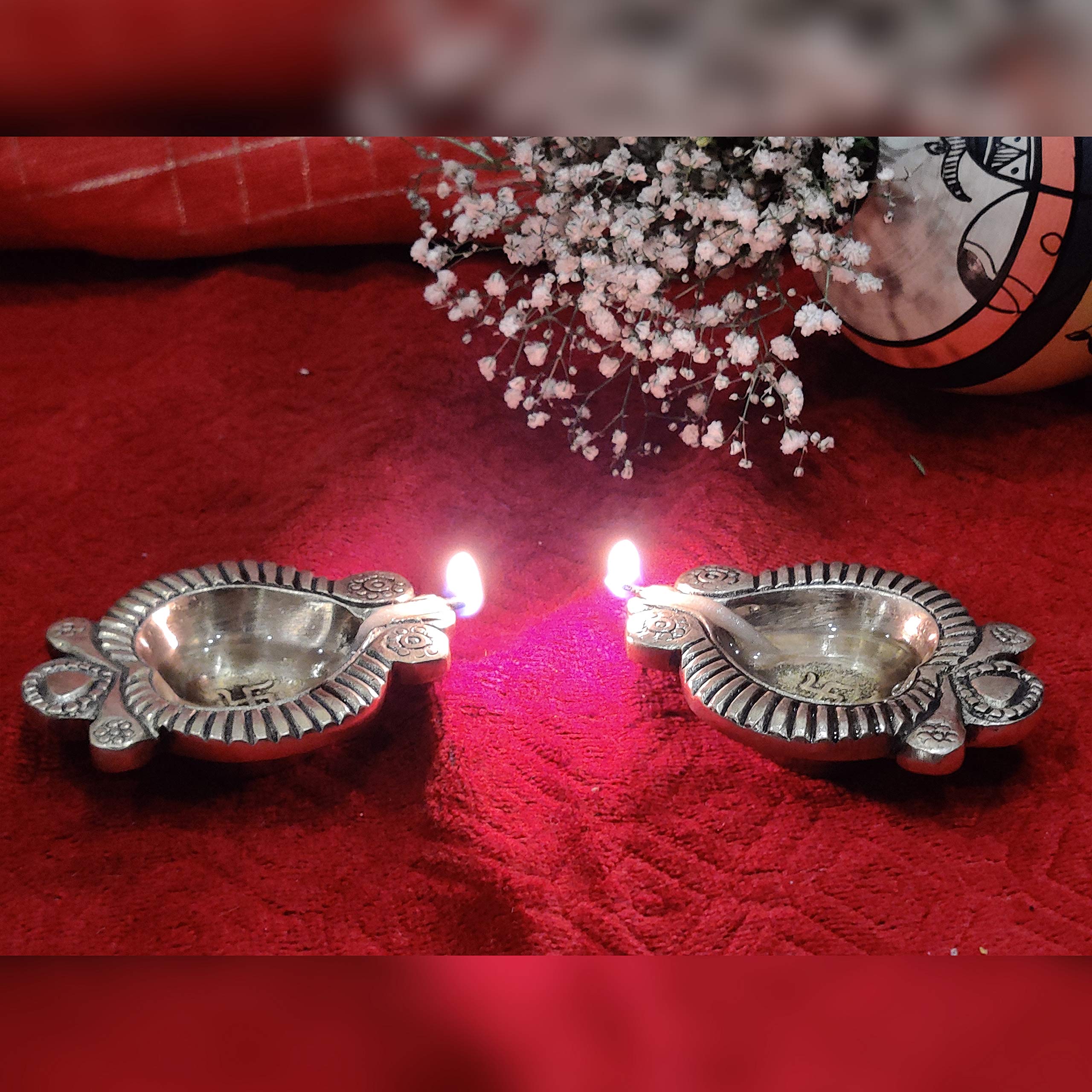 Divya Mantra Swastik Laxmi Brass Diya Indian Diwali Oil Lamp Pooja Light Puja Decorations Mandir Decoration Items Handmade Table Home Backdrop Decor Lamps Made in India Decorative Diyas - Gold (4) - Image 5 thumbnail