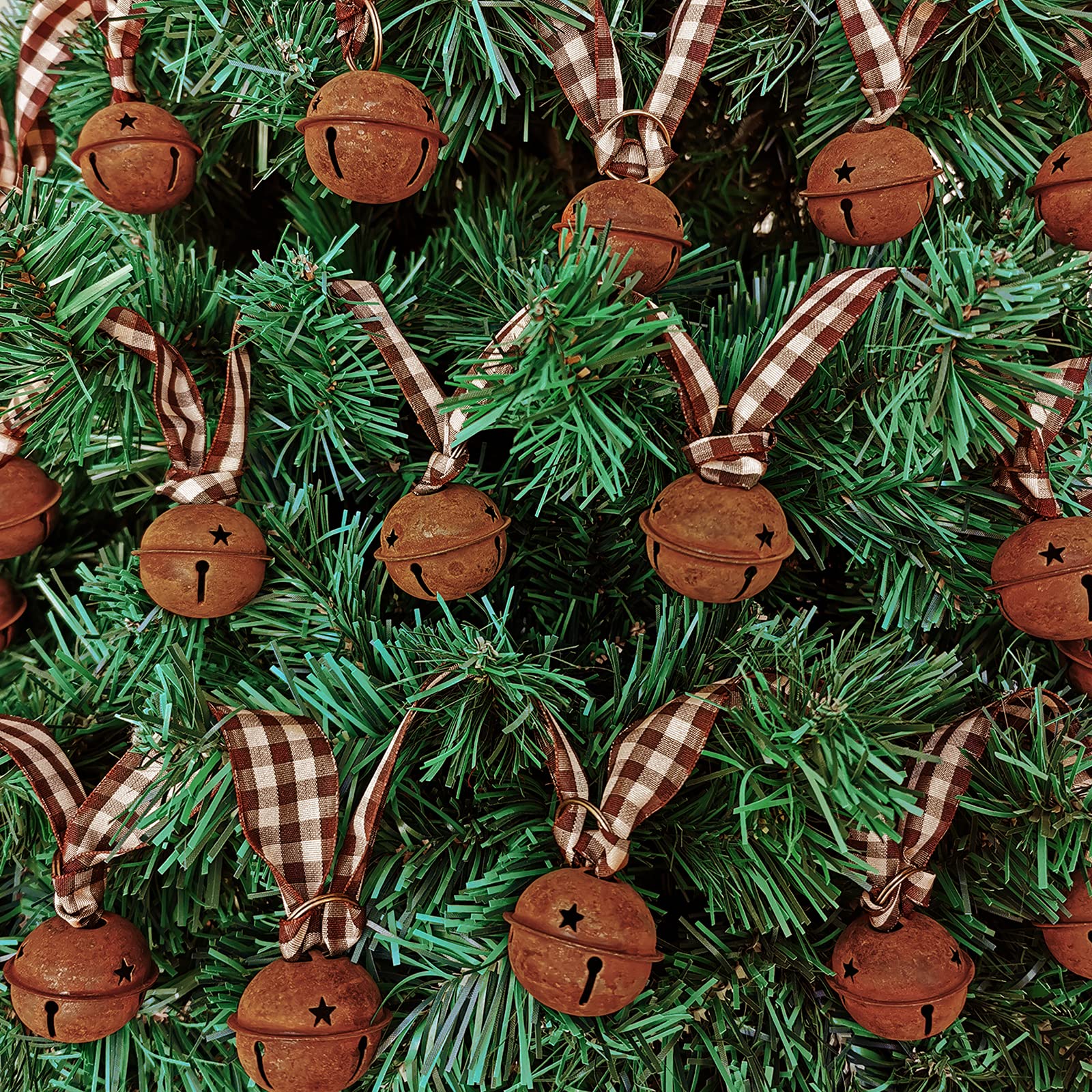 6 Meter Weihnachts-Girlande mit rostigen Schlittenglocken, primitives Metall, rostige Glöckchen und Gingham-Band, hängende Girlande für Bauernhaus, Vintage, Winter, Urlaubsdekoration
