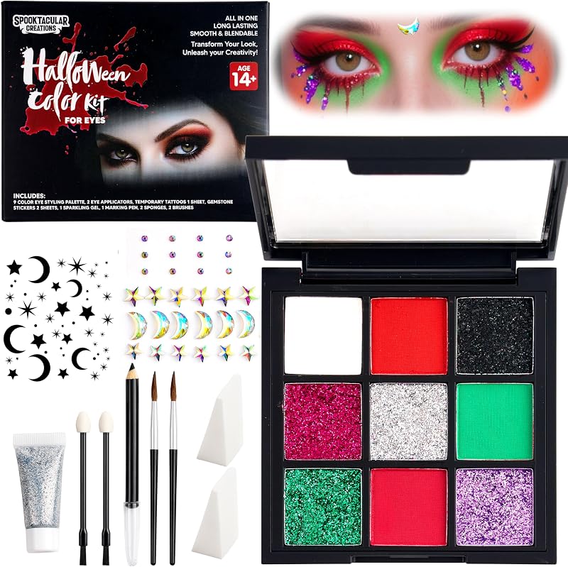 Spooktacular Creations Kit de maquillaje de ojos de Halloween con sombra de ojos tatuaje pegatina flash gel maquillaje pluma esponjas cepillo paleta de maquillaje para fiesta de disfraces de Halloween cosplay profesional