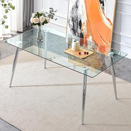 Miniatura 18 de Mesa redonda de comedor de vidrio para 2 a 4, moderna mesa superior de vidrio templado, patas cromadas resistentes, almohadillas ajustables, mesa de