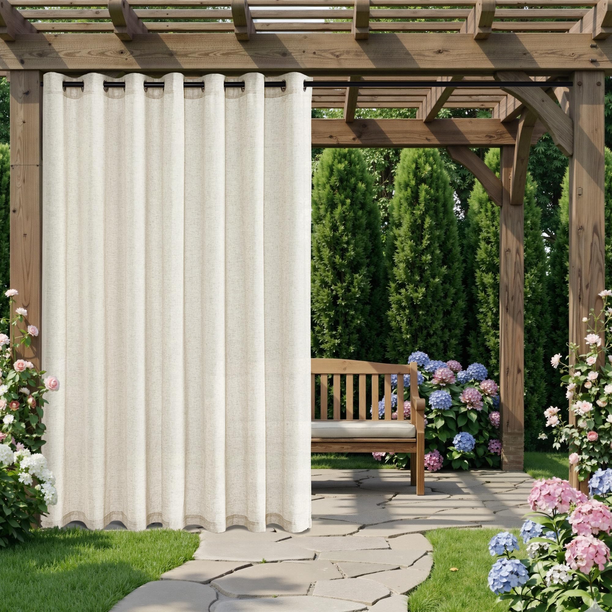 PONY DANCE Boho Vorhang Outdoor 1er Set H 213 x B 254 cm Outdoorvorhänge Leinen Beige Halbransparente Outdoor Gardinen mit Ösen Terrasse/Pavillon Vorhänge Wasserdicht