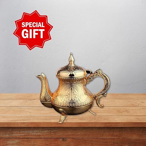 Miniatura 6 de LaModaHome Tetera de fundición de zinc de lujo, acabado dorado, diseño elegante, estilo antiguo para té turco, árabe, griego, olla decorativa para