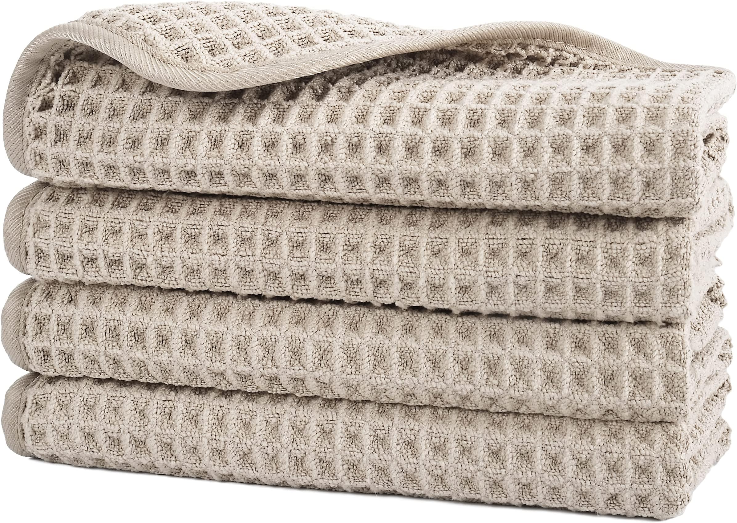 POLYTE Microfibre Lint Free Washcloth Face Towel, 33 x 33 cm, 4 Pack (Beige, Waffle Weave)