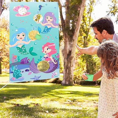 Miniatura 6 de WATINC Juegos de lanzamiento de sirena con 3 bolsas de frijoles, juego divertido de fiesta de cumpleaños de carnaval para niños y adultos, pancarta