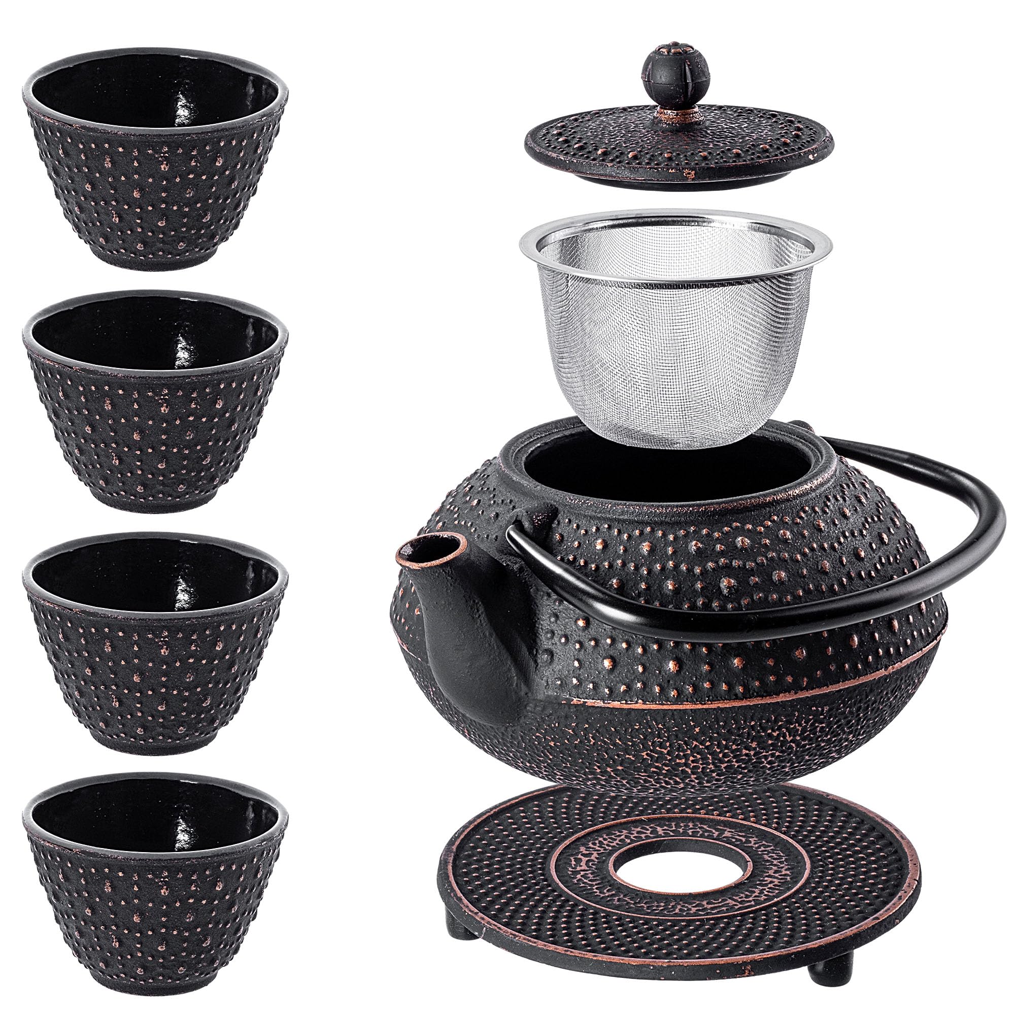 KADAX Théière Japonaise en Fonte de 850ml avec Intérieur Émaillé, Quatre Tasses et Infuseur pour Thé en Vrac, Service à Thé Traditionnel (Noir)