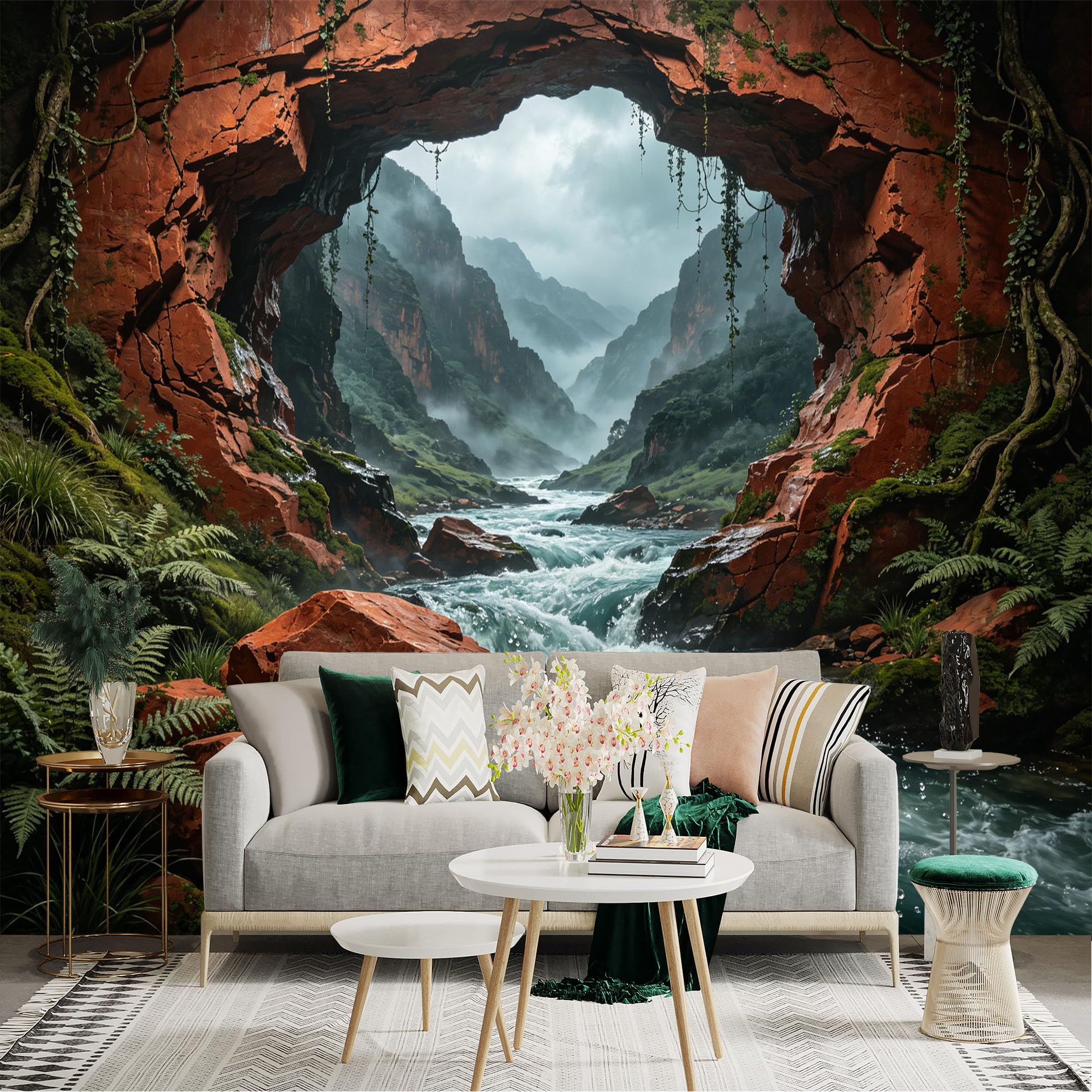 Custom Size Wall Sticker Mural， Red Rock Canyon with River， Misty Mountains and Forest， for wall Decoration， peelandstick wall Decals.
