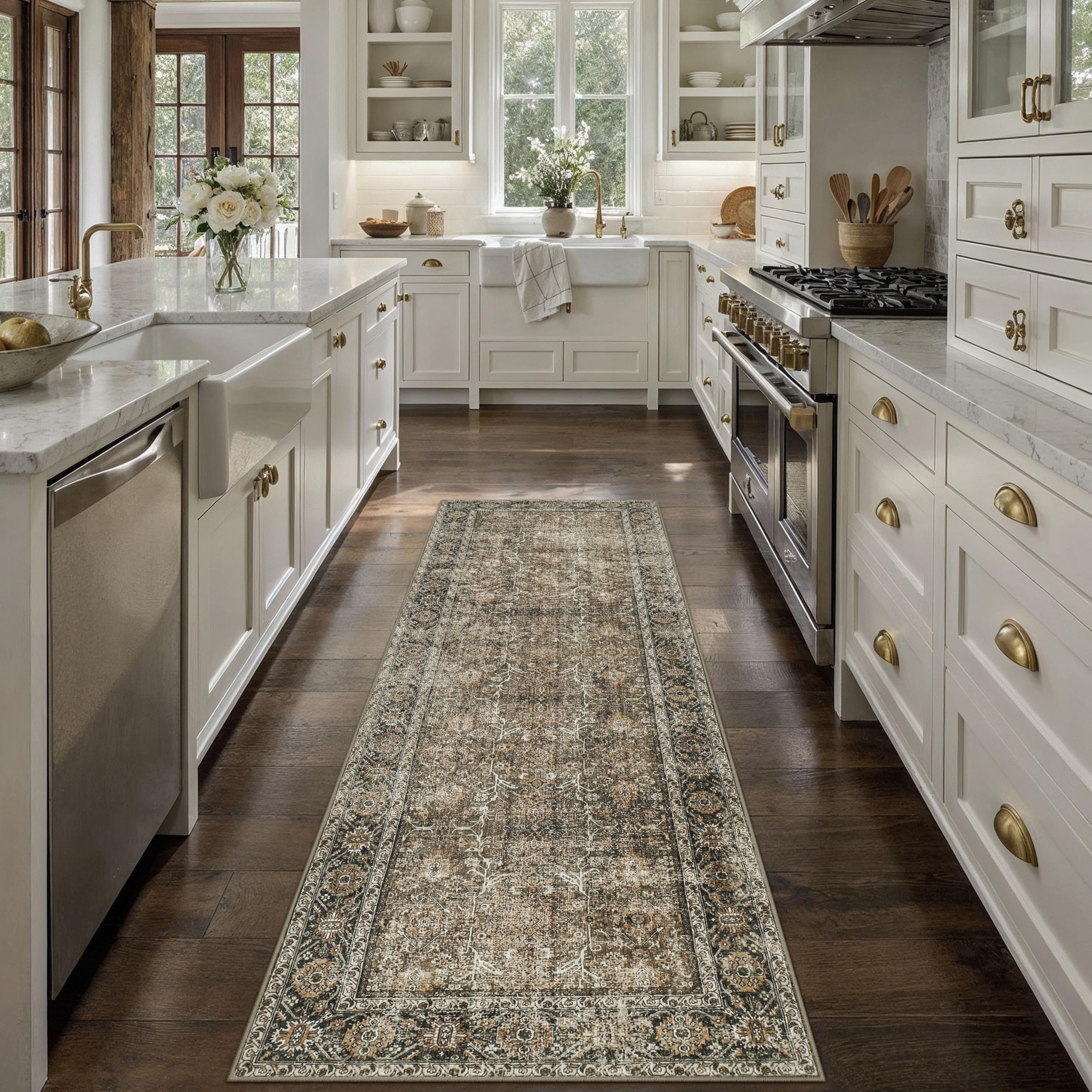 PureCozy Brown Runner Rug 2x6 Vintage Area Carpet Hallway Long Indoor Kitchen Washable Living Room Low Pile Traditional Distressed Retro Accent Throw Rug Non Slip Laundry Bathroom Office Dining Room