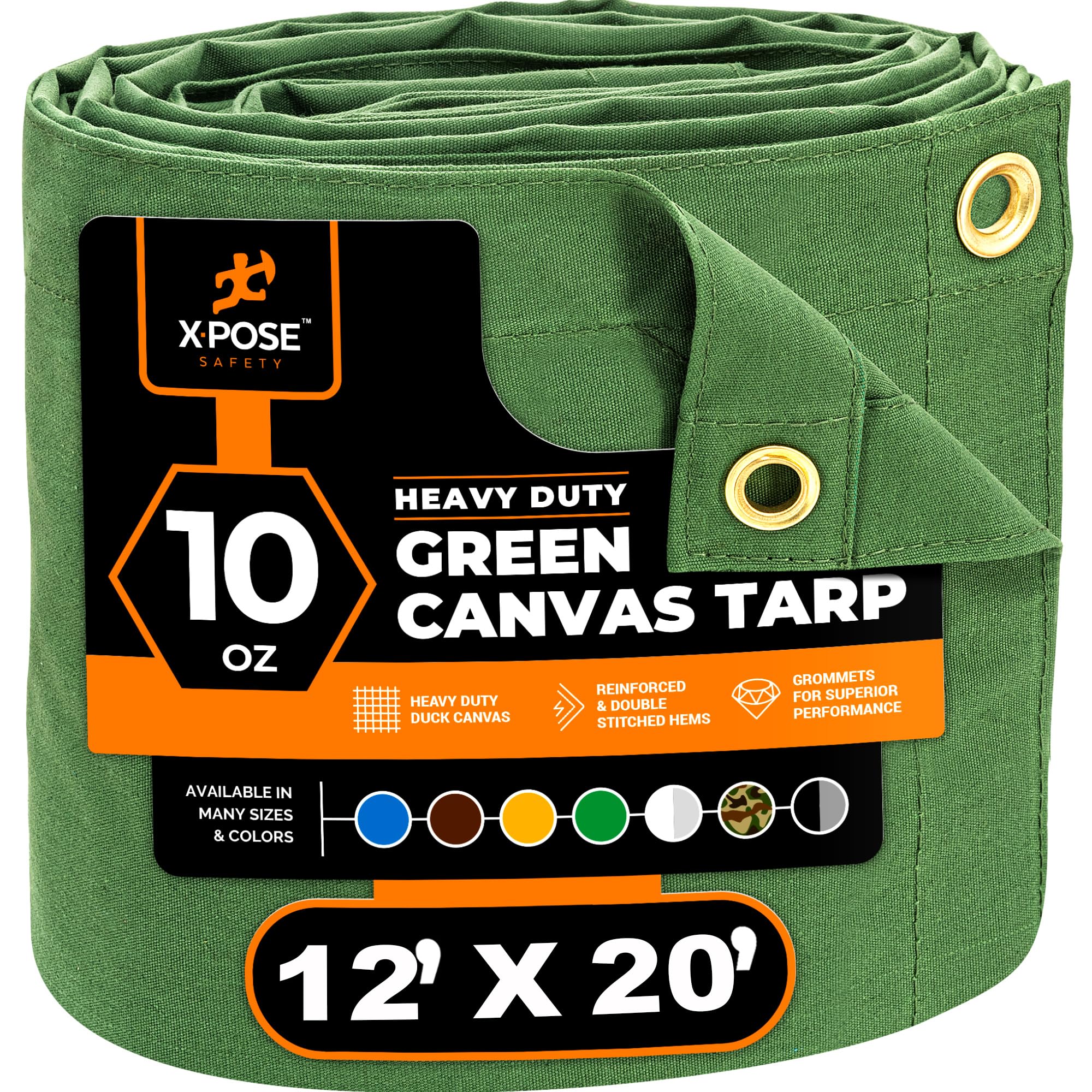 Xpose Safety 캔버스 방수포 - 283.5g(10온스) 그린 캔버스 방수포 튼튼한 방수 황동 그로밋 포함 - 캠핑, 캐노피, 트레일러, 장비 커버 3.7 x 6.1m(12 x 20피트)