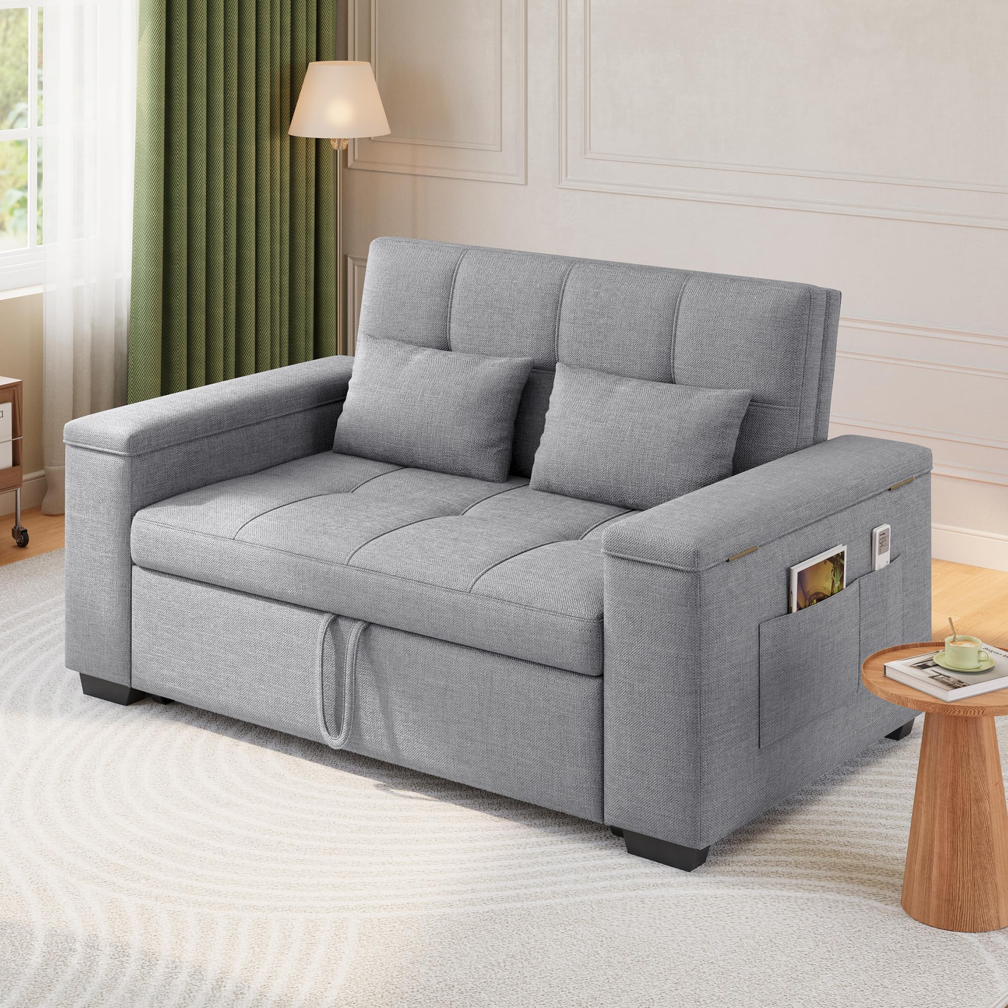 Xbro 3-in-1 Schlafsofa ausziehbar, 2-Sitzer Sofa mit Schlaffunktion, verstellbare Rückenlehne, Leinenstoff mit 2 Kissen und Seitentaschen, für Wohnzimmer, Schlafzimmer oder Büro, Hellgrau
