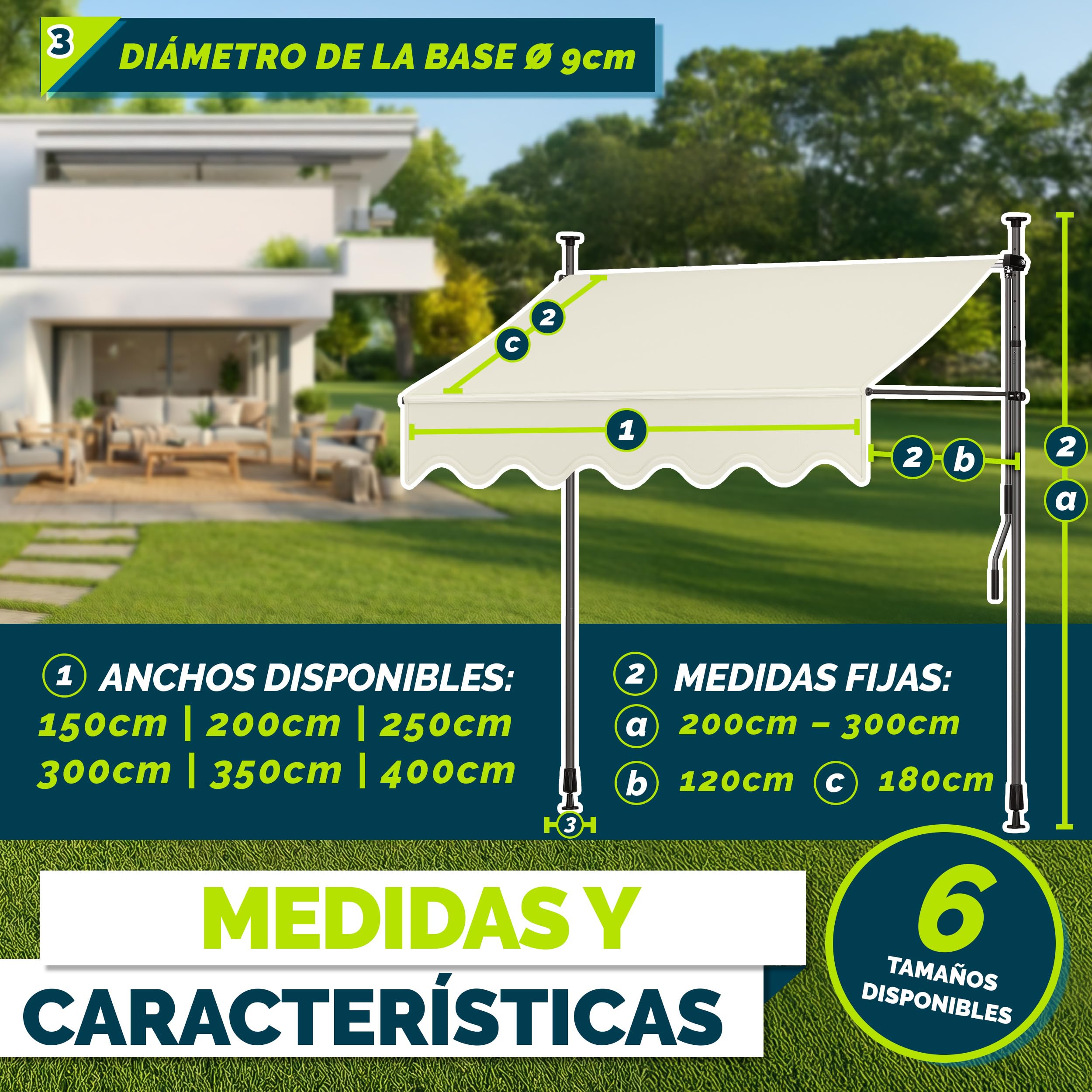 tillvex Toldo Manual portátil de balcón Patio | Toldo Ajustable con manivela para balcón | Parasol Resistente a UVA y Regulable en Altura | Protección Solar estanca a Agua (200cm, Arena)
