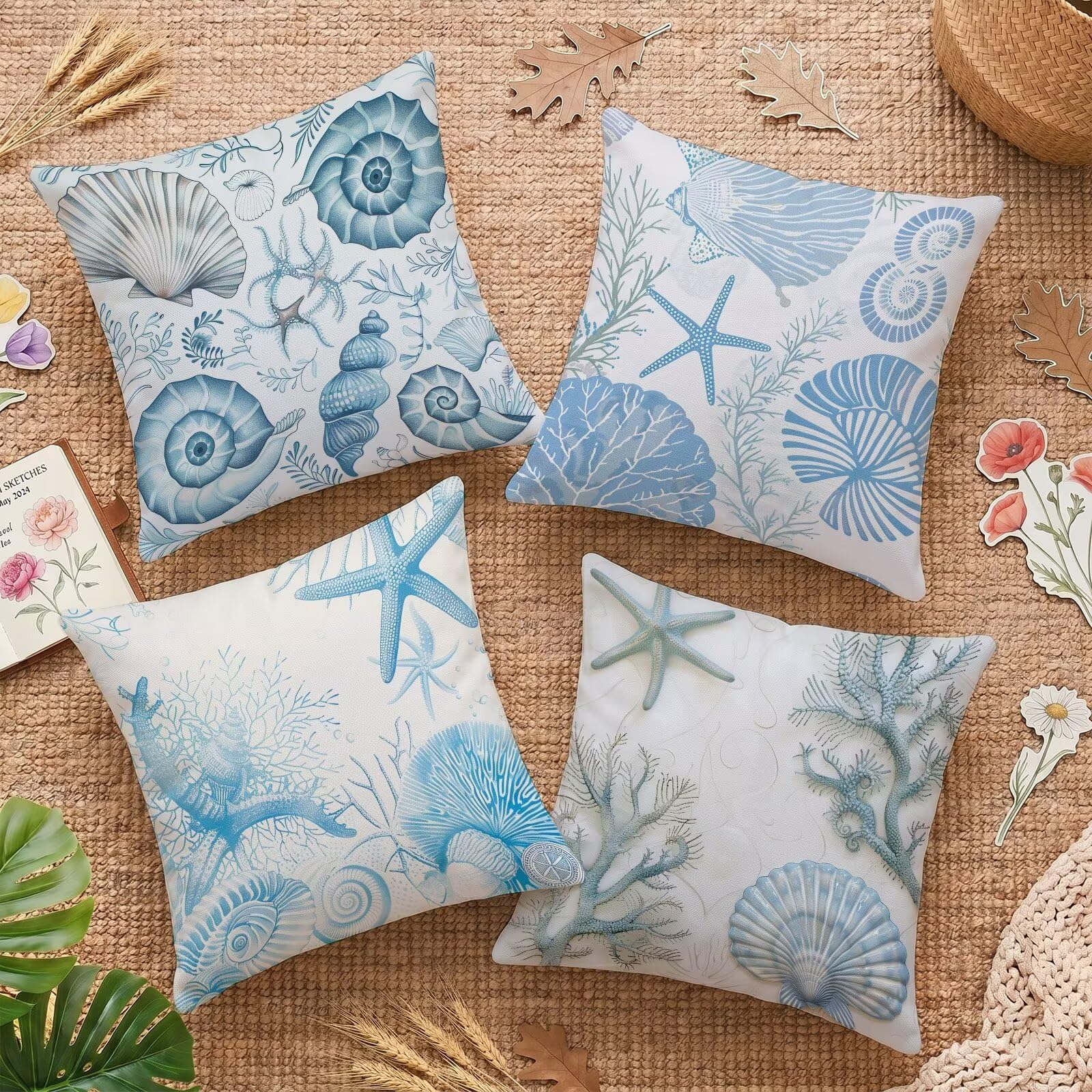 Housses de coussin imperméables 40x40 en velours double face étoile de mer pour extérieur