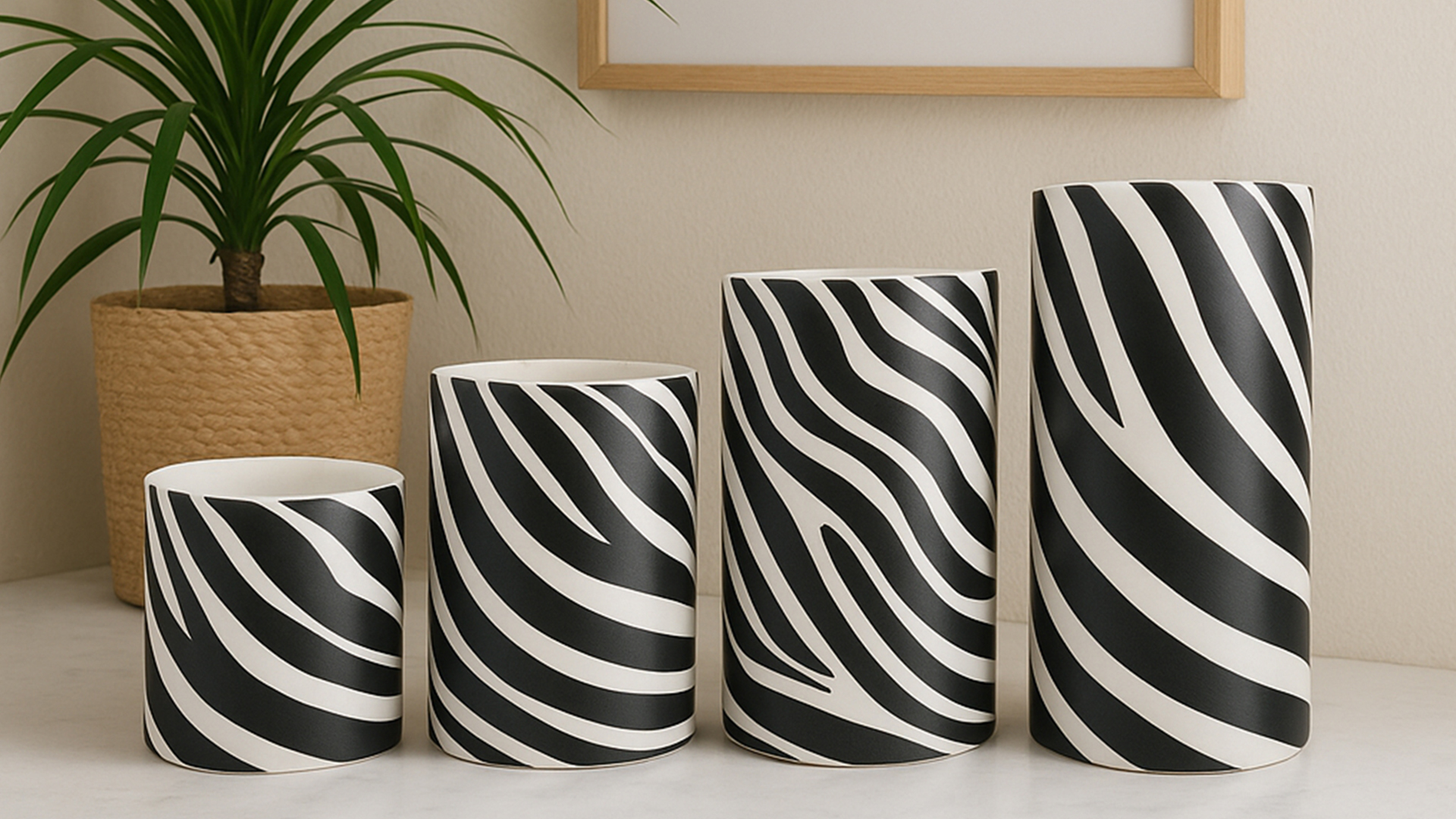 Image of 4Pcs Zebra-Stripe Printed Flameless Candles with Timer Remote | Animal Lover,Black and White Decor,Animal Theme Party Home zebra Decor
