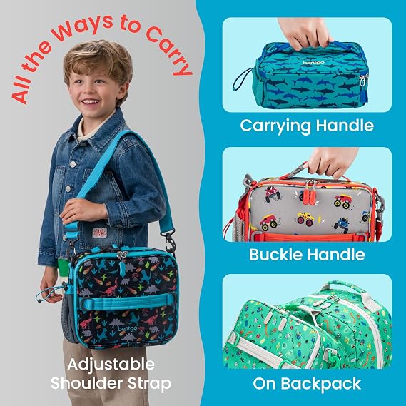 Bentgo Kids Prints Double-Insulated Reusable Lunch Bag | For Kids 3+, Adjustable Strap; Holds Lunch Box/Water Bottle/Snacks; Easy-Clean, Water-Resistant, Pockets (Dinosaur)