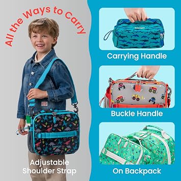 Bentgo Kids Prints Double-Insulated Reusable Lunch Bag | For Kids 3+, Adjustable Strap; Holds Lunch Box/Water Bottle/Snacks; Easy-Clean, Water-Resistant, Pockets (Dinosaur)