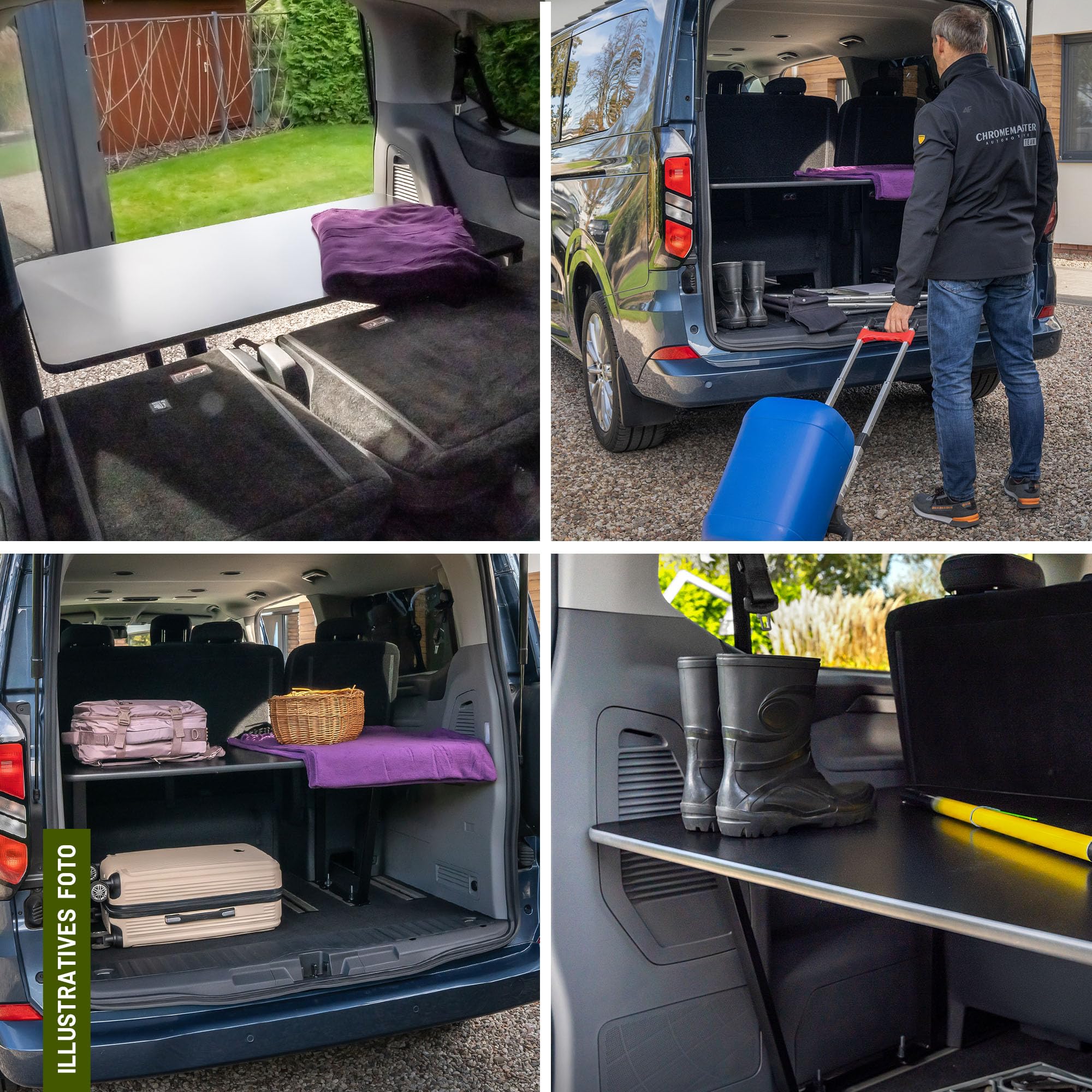 CHROMEMASTER | Kompatibel mit Ford Tourneo Custom L2 Lang 2023+ | Faltbar Bett für Auto, Multiflexboard Bettverlängerung für Camper, Campingbett, Klappbett, Regal, Tisch | Zubehör für den Wohnmobil