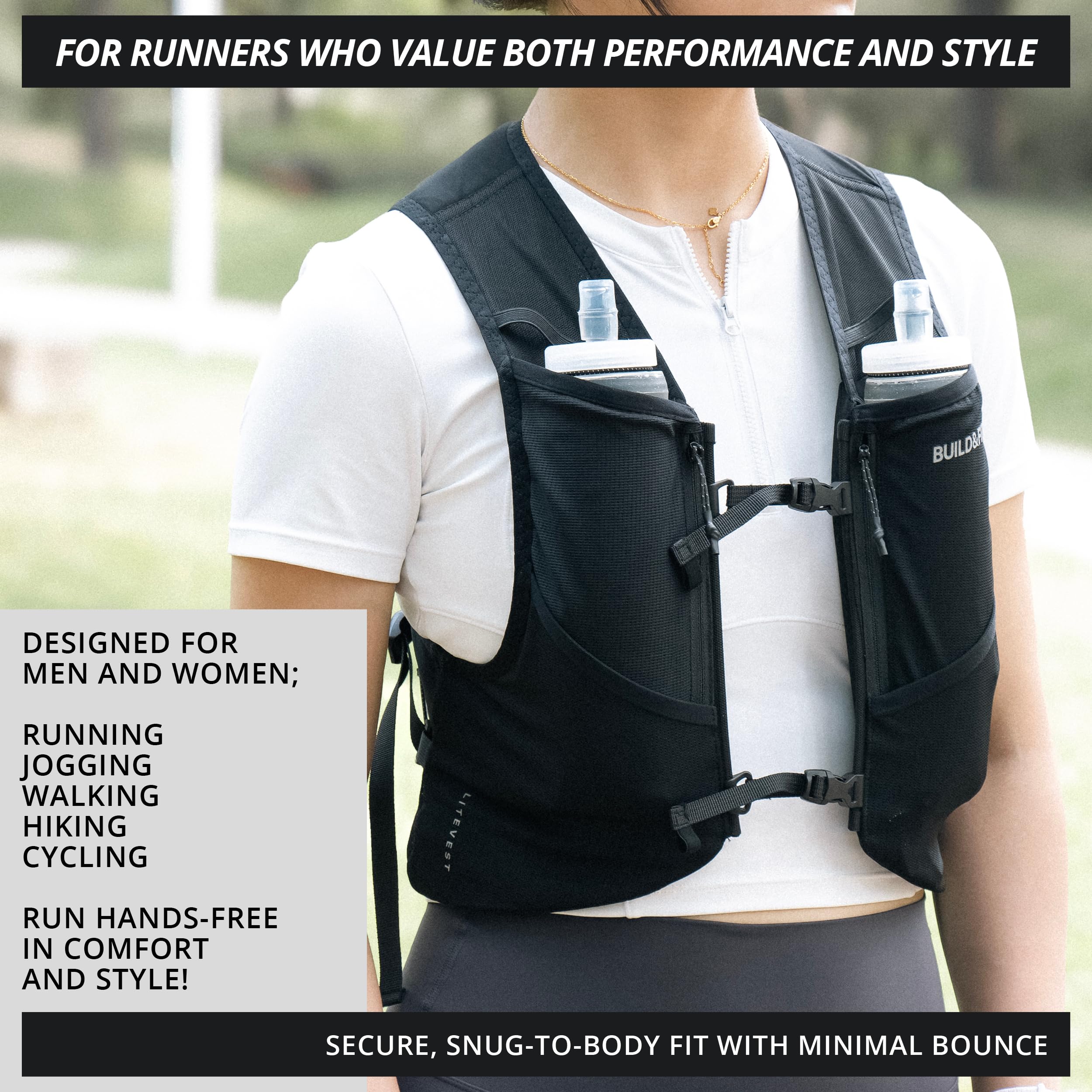 Gilet di idratazione LITEVEST Build & Fitness con 2 borracce morbide da 500 ml – 7 tasche, traspirante, comodo, sicuro ed elegante per trail running, maratone e corse quotidiane