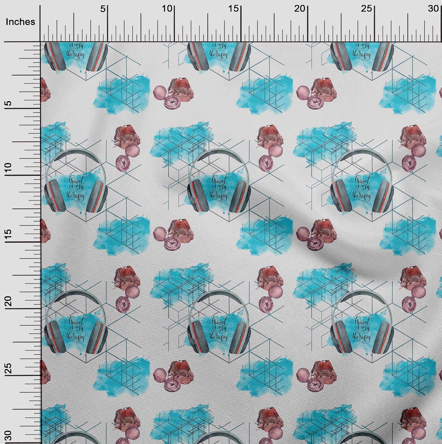 oneOone Cotton Jersey Turquoise Blue Fabric Direction Compass Bag & Headphone Travel Quilting Supplies Print Sewing Fabric by The Yard 58 Inch Wide